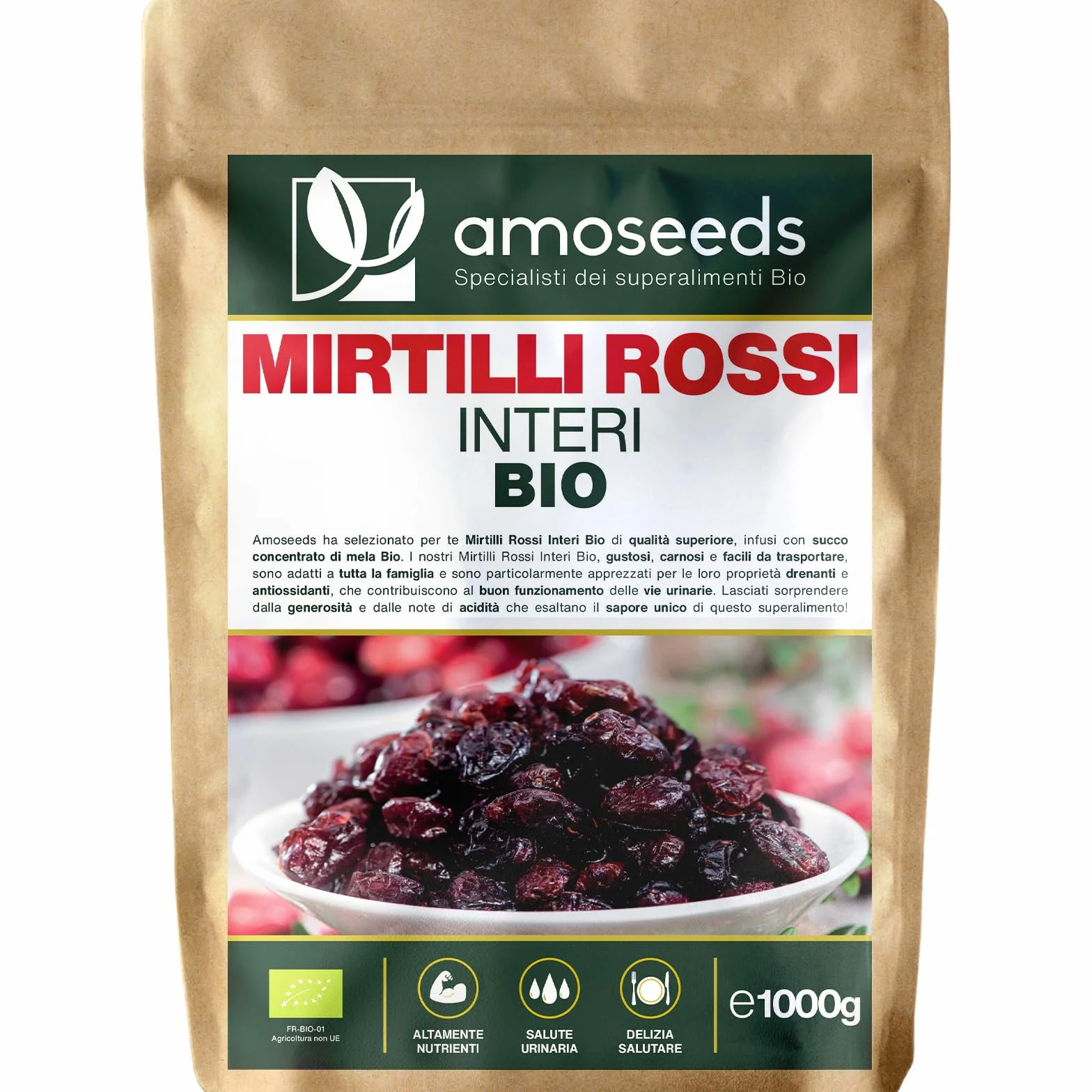 Mirtilli Rossi Interi BIO 1KG | Disidratati, Senza Zucchero, Infusi con Succo di Mela Bio | Vie Urinarie, Gustosi | Qualità Superiore
