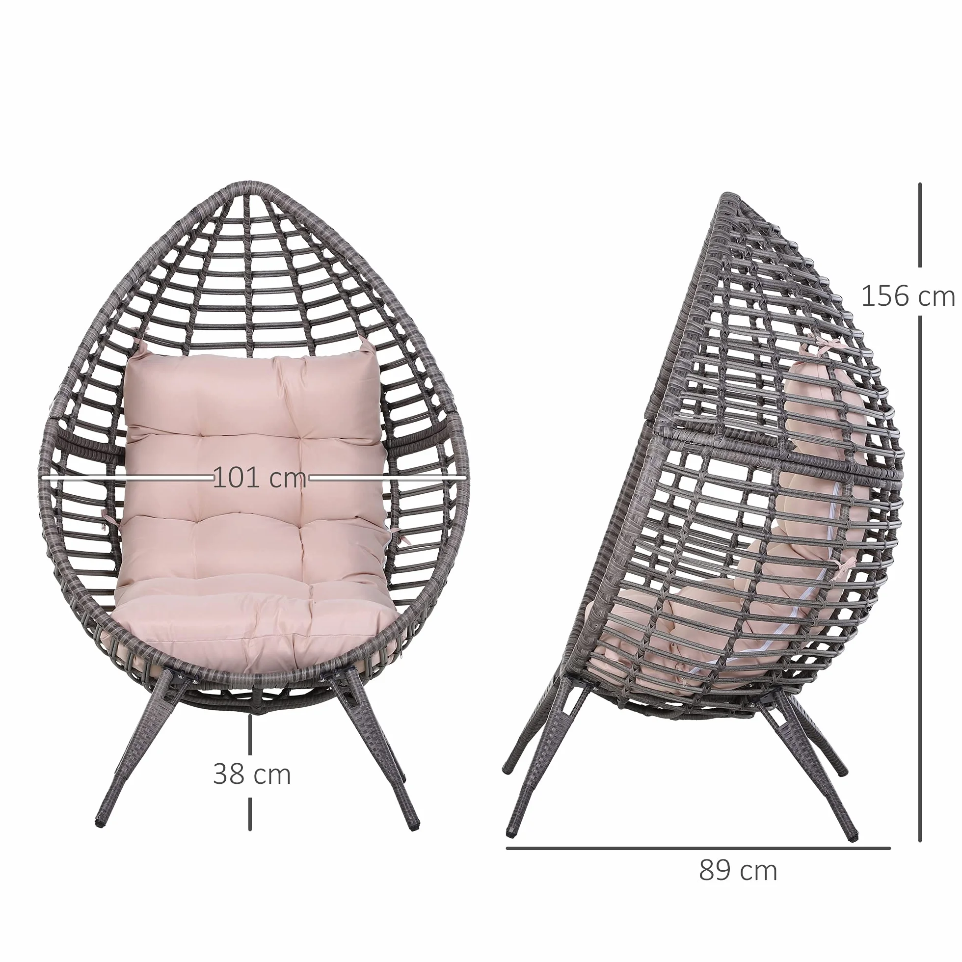 Outsunny Poltrona da Esterno in Rattan con Cuscino Grigio e Beige Forma a Goccia Stile Boho Chic 101x89x156cm