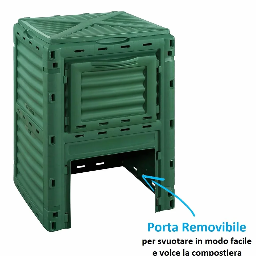 Paluplus Compostiera da Giardino 300 Litri Plastica Verde 61x61x83 cm Resistente Intemperie Coperchio Ribaltabile