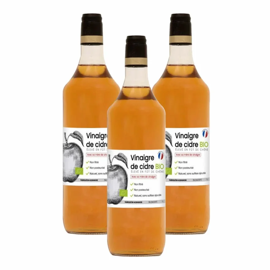 Aceto di sidro di mele con sua madre di aceto - Non filtrato, non pastorizzato, senza solfiti aggiunti - Allevato in botti di quercia - Made in Normandia - Made in Calvados (3 bottiglie)