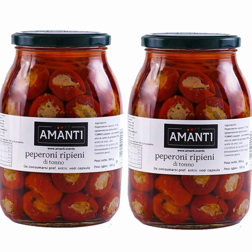 Peperoni Ripieni al Tonno | Amanti | 2 Vasi da 1Kg | In Olio di Semi Girasole | Eccellenza della Campania | Cilento | Dieta Mediterranea | Antipasto