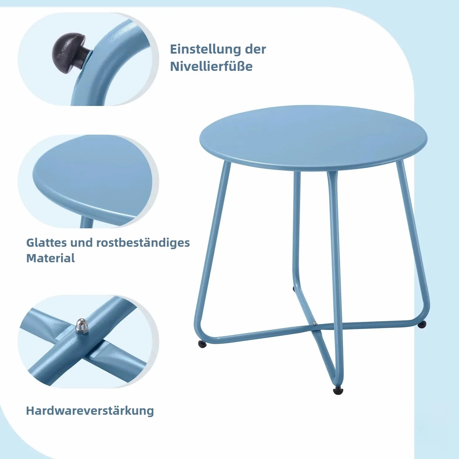 Fokebel Tavolino piccolo in metallo, da giardino, rotondo, tavolino da caffè e tavolino con gambe regolabili (blu, Ø 45 x 45 h)