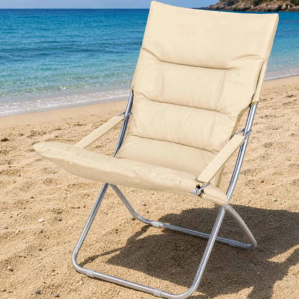 BAKAJI Spiaggina Pieghevole Portatile Sedia Canapone Sdraio Richiudibile Struttura in Tubolare di Alluminio Rivestimento in Tessuto Oxford Imbottito per Spiaggia Mare Campeggio (Beige)