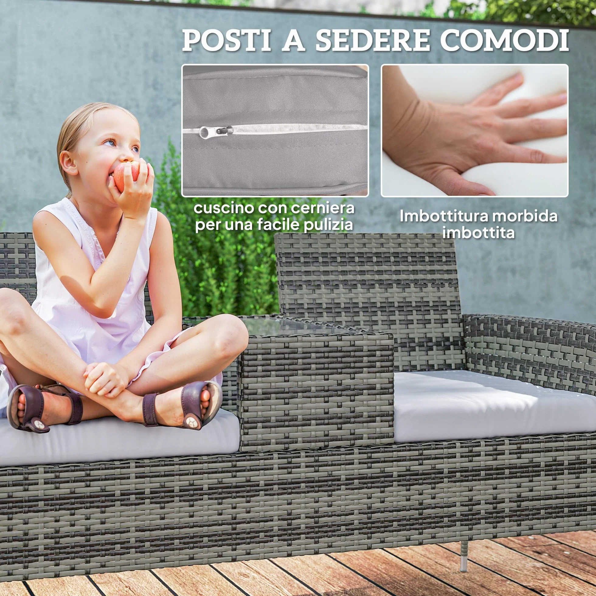 Outsunny Panchina da Giardino a 2 Posti in Rattan e Acciaio, Panchina da Esterno con Cuscini e Tavolino da Caffè Centrale in Vetro Temperato, Divano da Esterno, 135x64x81 cm, Grigio Scuro