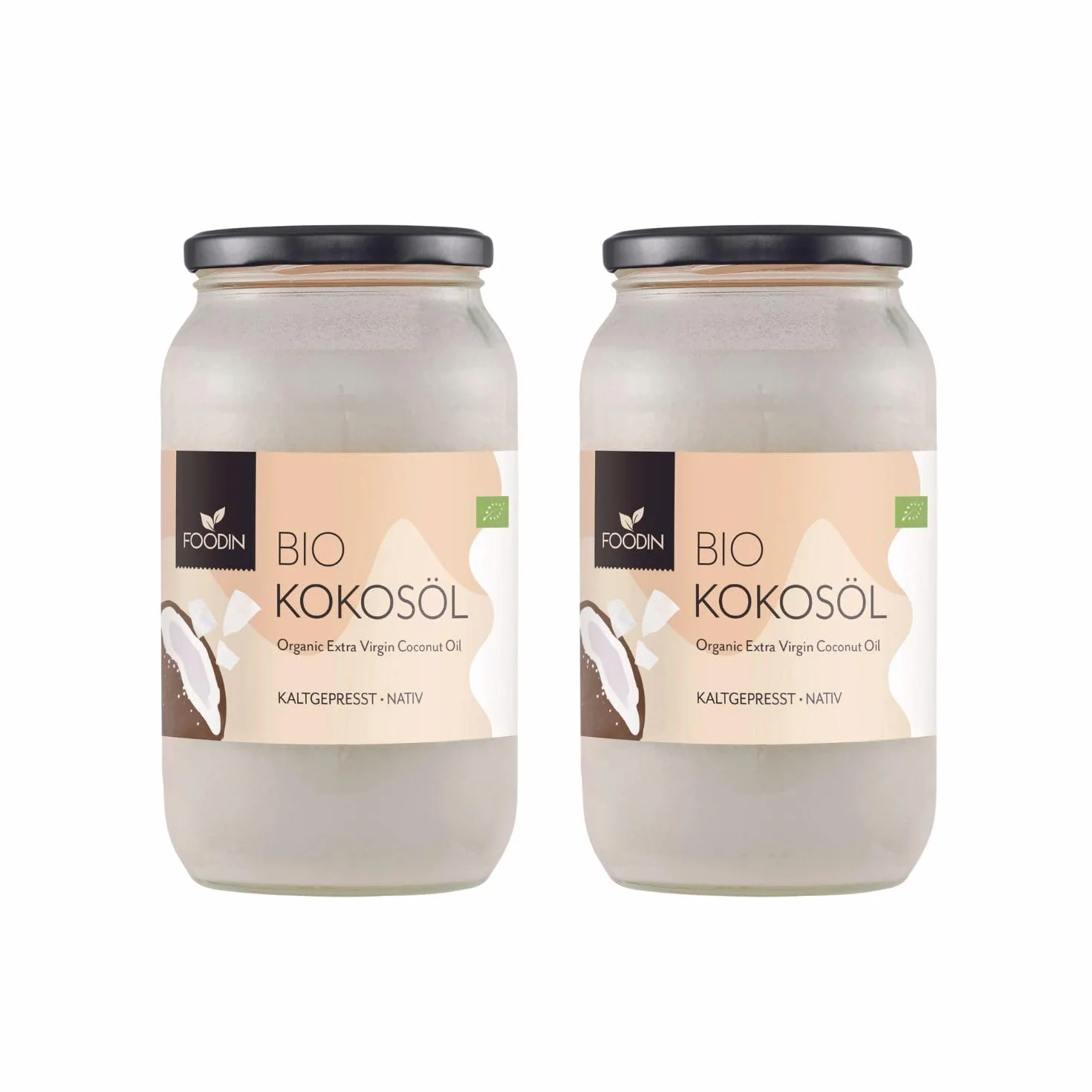 FOODIN Olio di Cocco Biologico Vergine - 100% Naturale e Puro, Ideale per Cucina, Frittura, Pasticceria e Cura di Pelle e Capelli, Spremuto a Freddo (1000 ml, Confezione da 2)