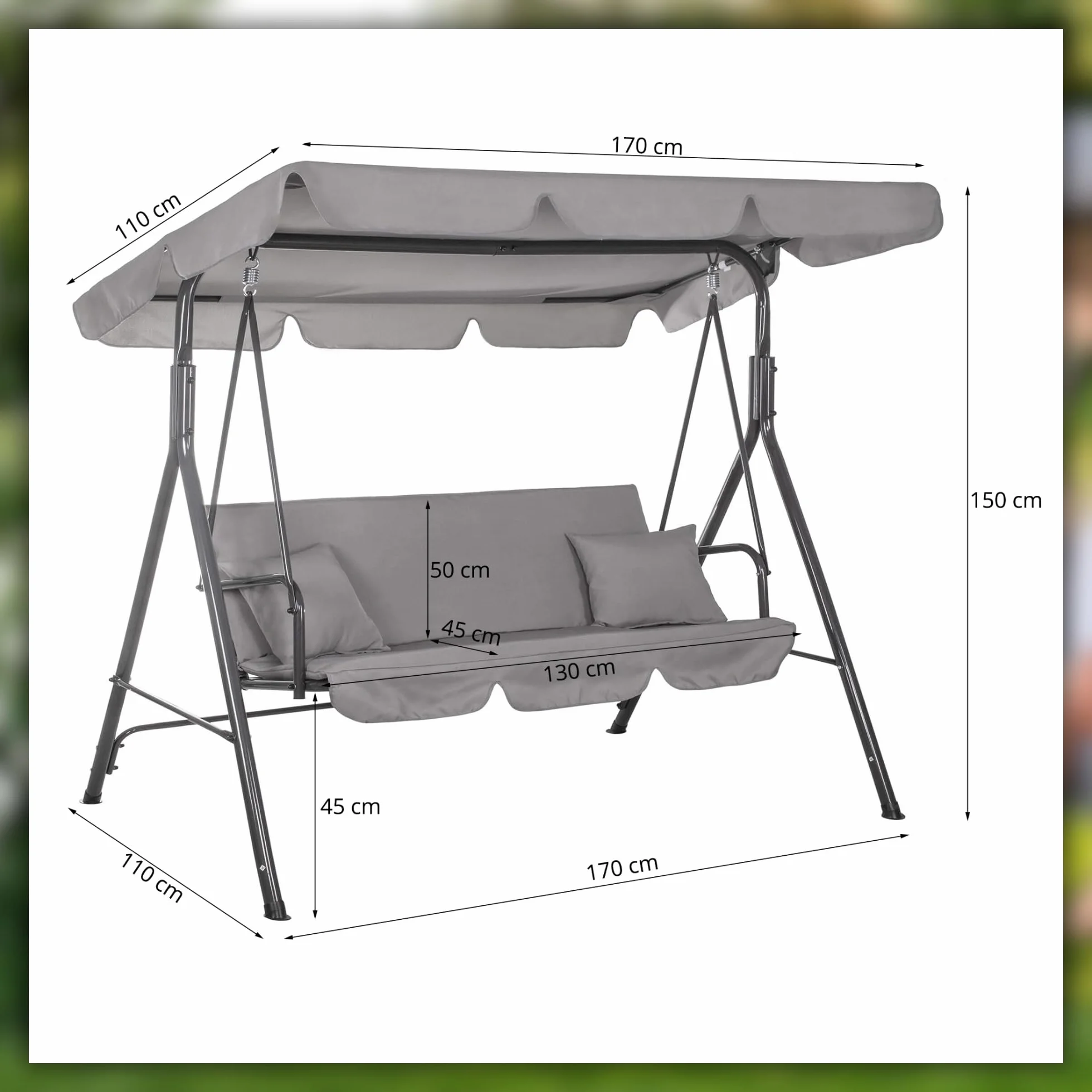 Springos Dondolo da giardino Luna, con parasole e cuscini, panca a dondolo, per 3 persone, da 150 x 170 x 110 cm (H x l x P), di colore grigio