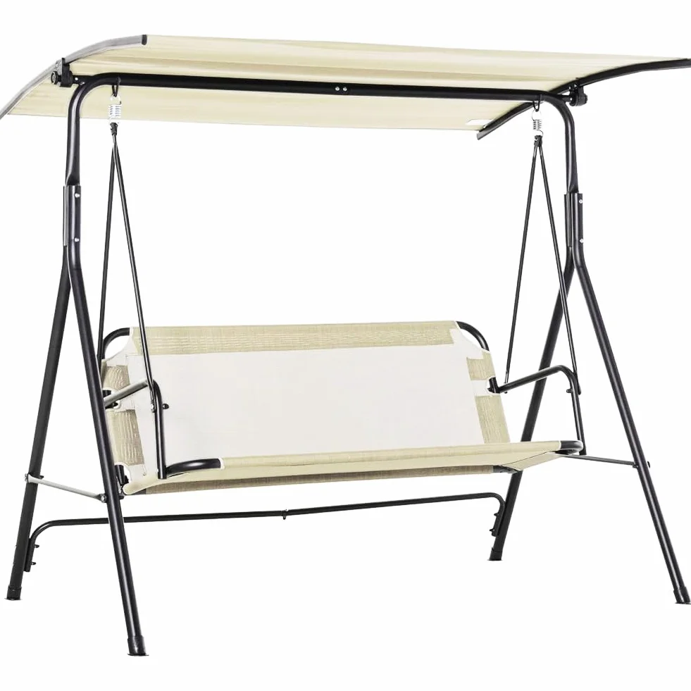 BAKAJI Dondolo Letto da Giardino 3 Posti con Tetto Parasole Regolabile, Struttura in Metallo e Seduta in Tessuto Traspirante con Imbottitura Ergonomica e Morbida, Ideale per Esterni, Patio (Beige)