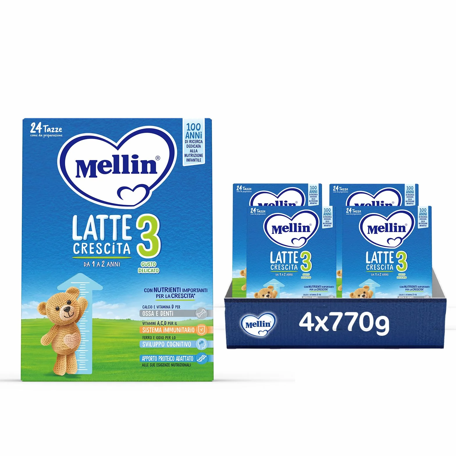 MELLIN 3 - Latte di Crescita in Polvere per Bambini - dal 1° al 2° anno, Gusto Delicato - Confezione da 3080 grammi (4 pezzi da 770g)