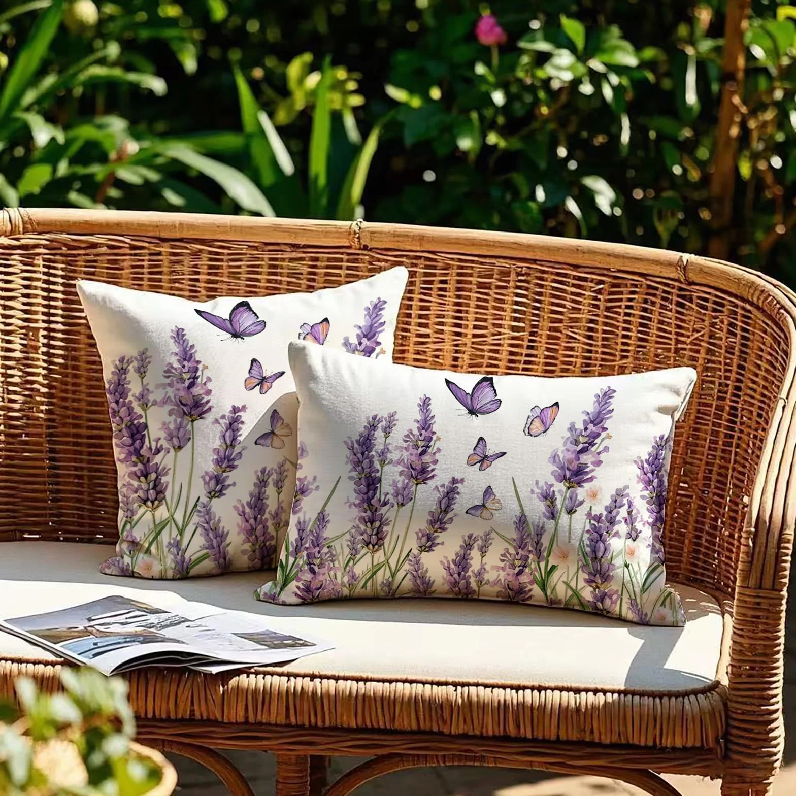 Set di 2 federe per cuscino per esterni, 30 x 50 cm, con fiori viola, resistenti alle intemperie, estive, moderne, per giardino, divano, soggiorno, camera da letto, motivo double face