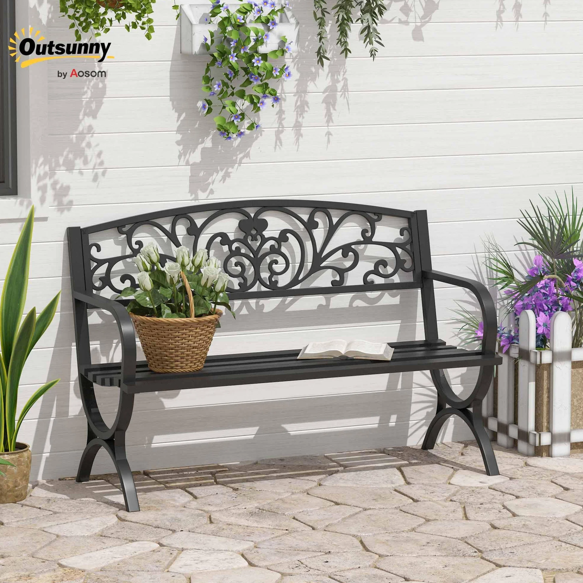 Outsunny Panca Panchina da Giardino Esterno Metallo, Ghisa 127 × 60 × 85cm Nero