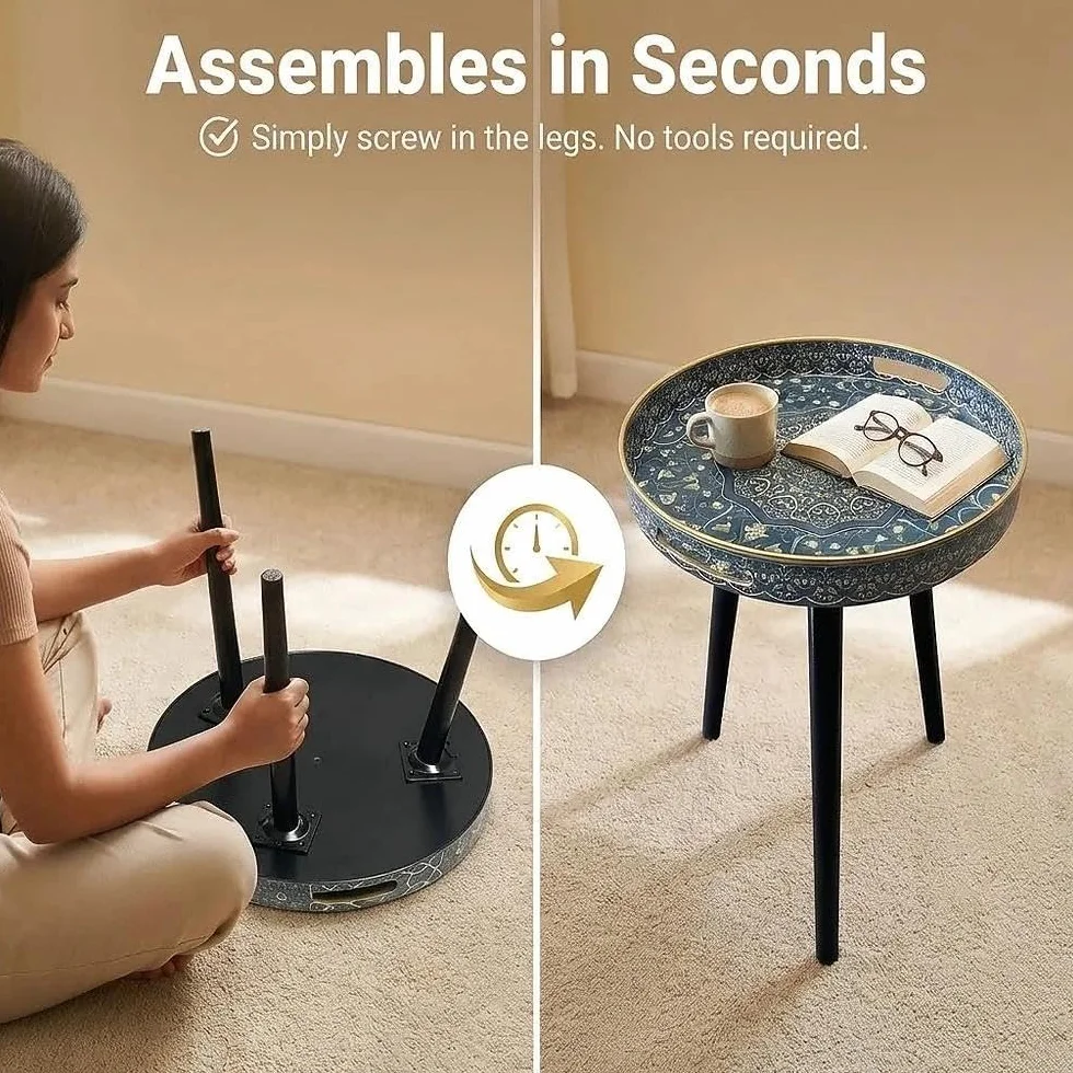 Tavoli laterali rotondi da esterno con 3 gambe in legno staccabili, tavolino versatile con vassoio, perfetto per tavolino da caffè rotondo, tè e momenti di relax 45 cm (Labirinto blu)