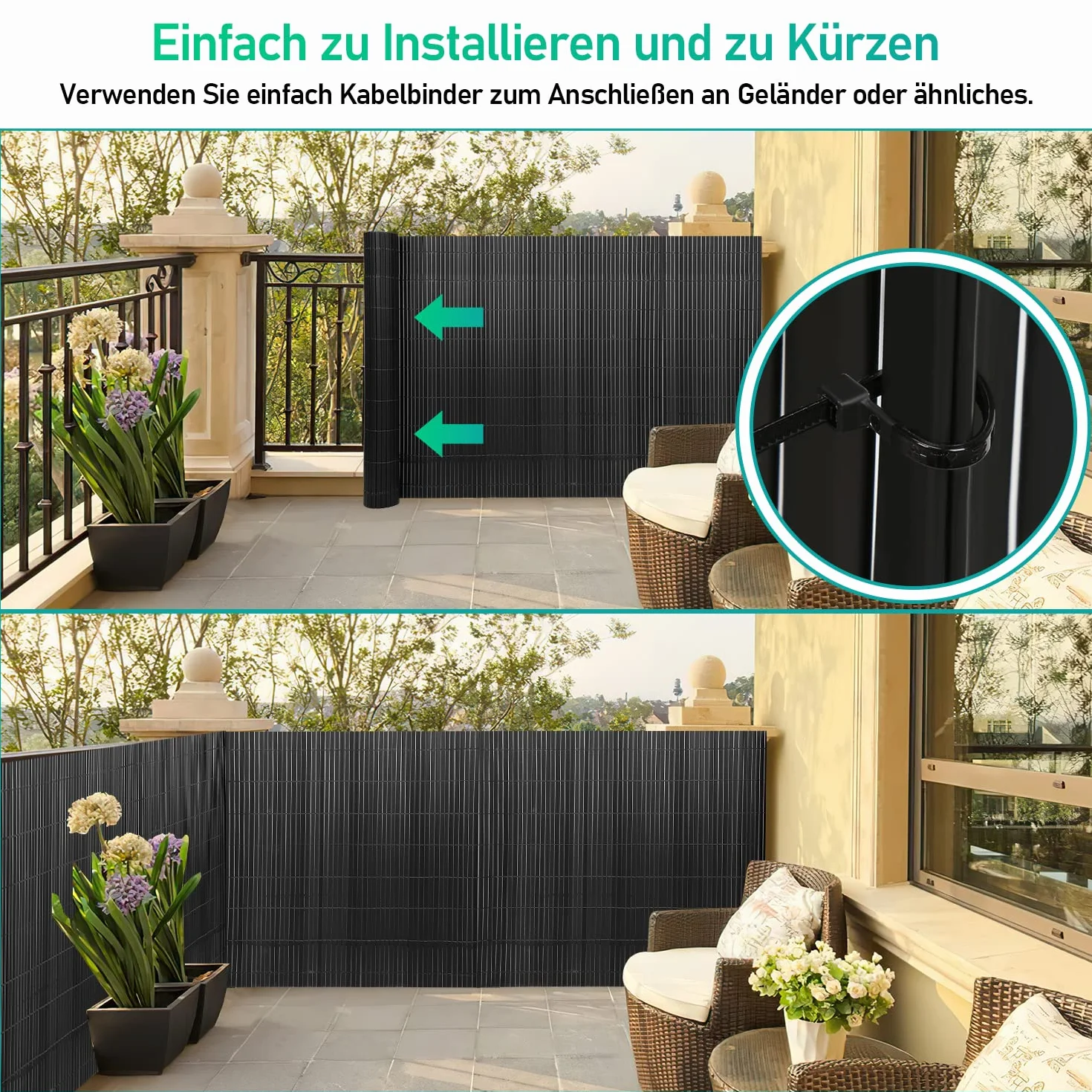 Stuoia in PVC per la privacy, schermo per la privacy standard 100x700cm, triplo rinforzo per interni, recinzione per la privacy di balconi e terrazze con fascette, Antracite
