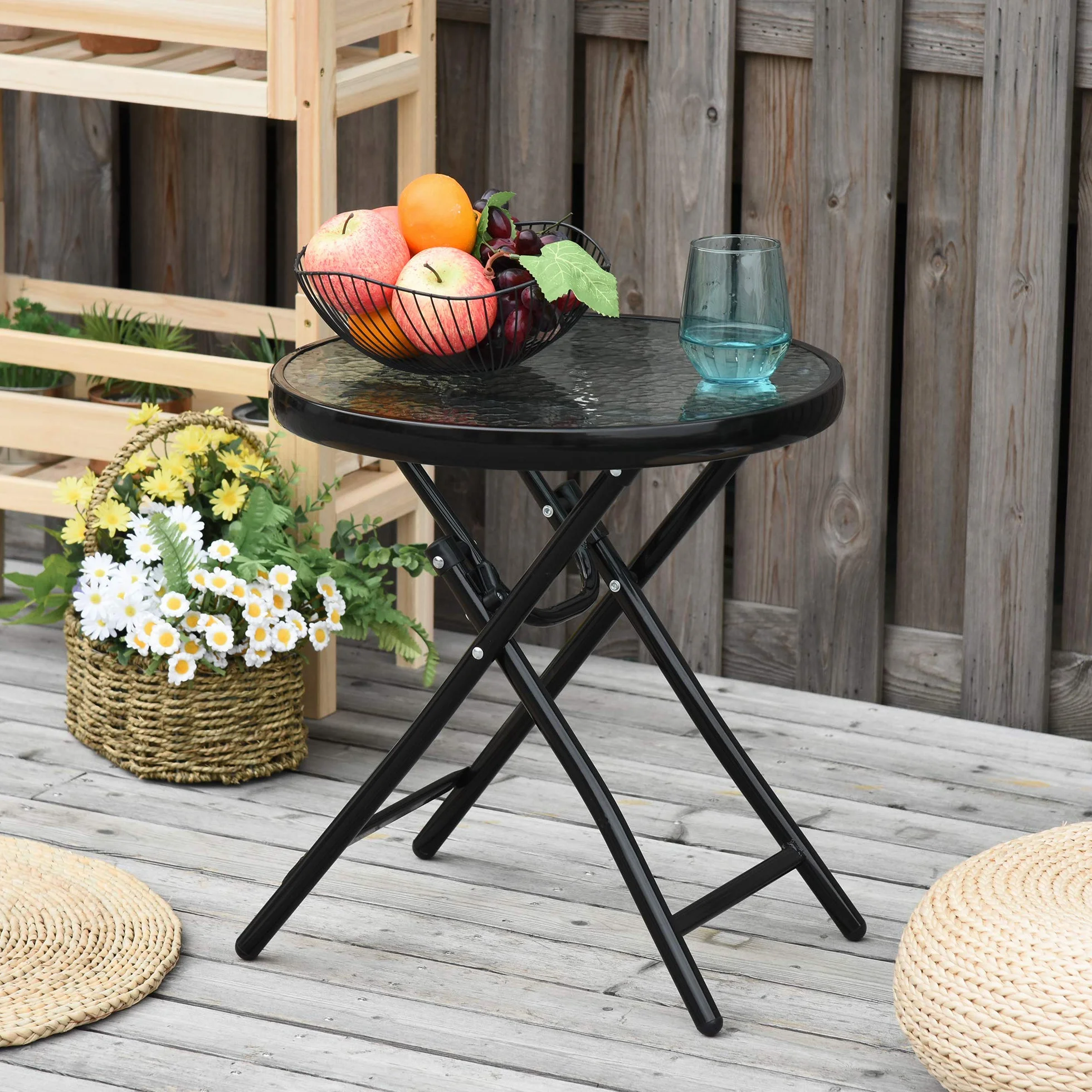 Outsunny Tavolo da Giardino Pieghevole in Metallo con Ripiano in Vetro e Blocco di Sicurezza, Φ45x50cm Nero