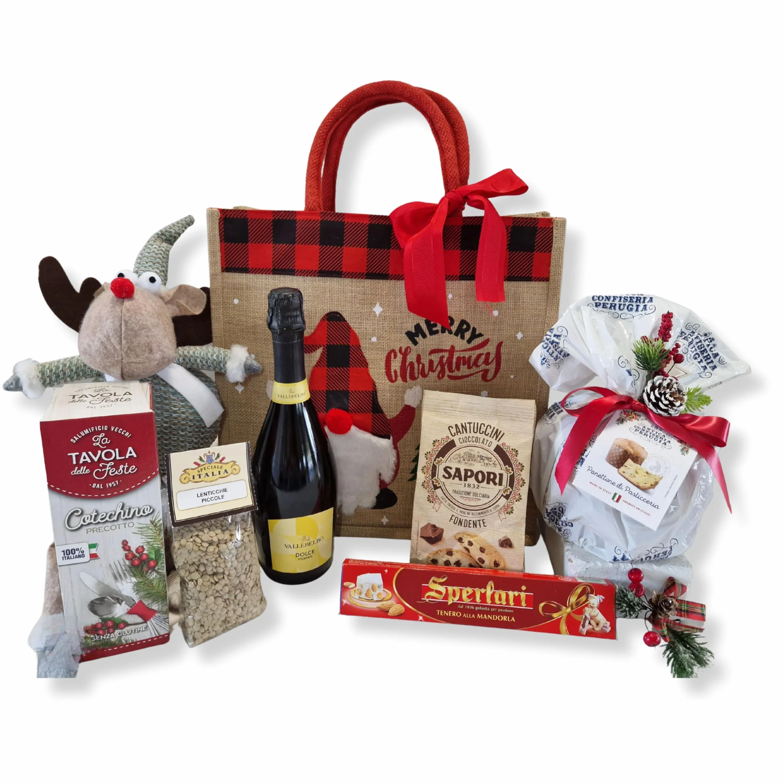 Cesti Natalizi Speciale Italia – Confezione Regalo Alimentare Borsa di Natale, Cesto Natalizio con Panettone da 500g, Spumante e Prodotti Dolciari, 8 pezzi