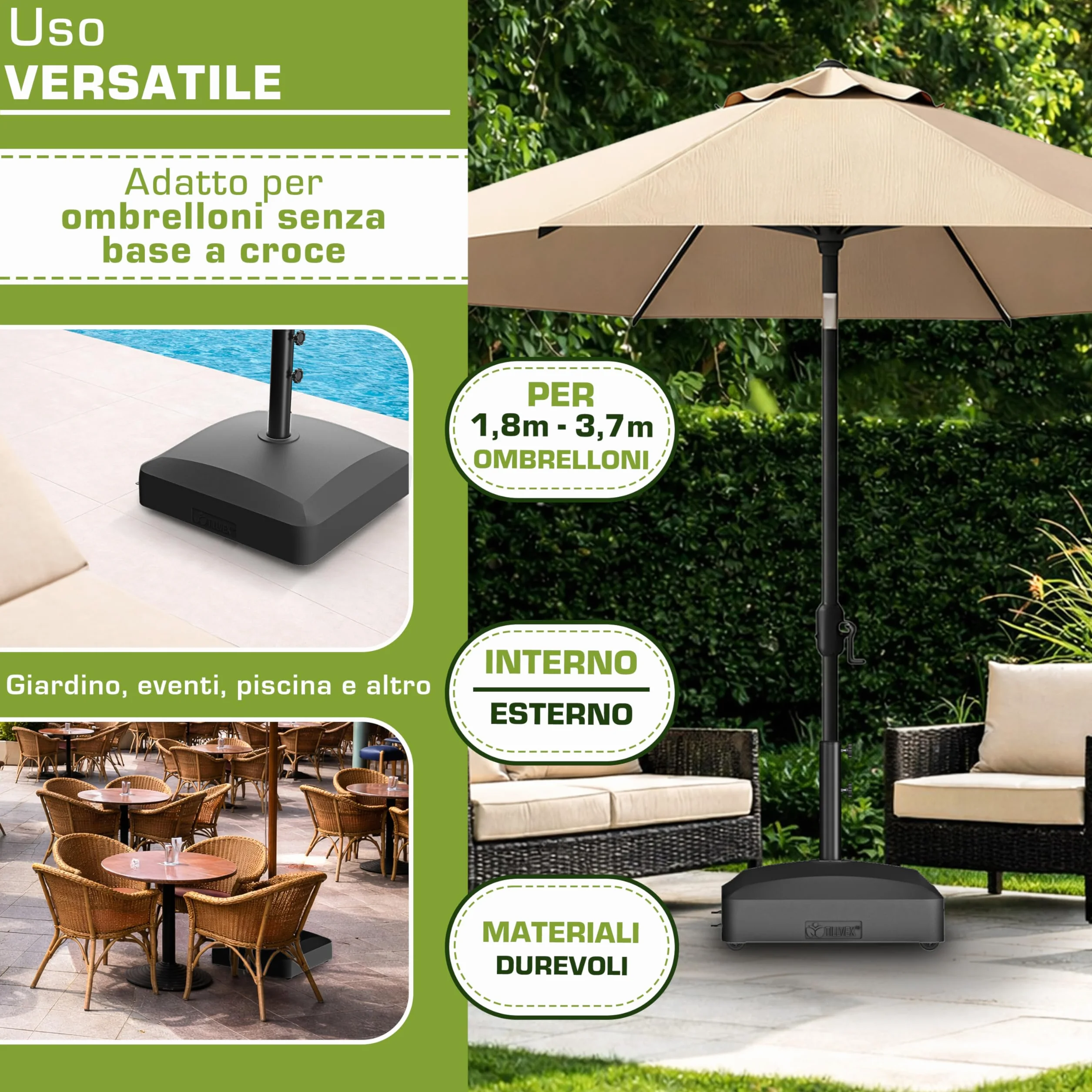tillvex® Base per ombrellone PAVERA e Ruote e Freni | Zavorra ombrellone riempibile 37L/56kg | Piedistallo per ombrelloni Giardino e Mercato Ø1,8-3,7m | Resistente a intemperie e UV (Nero)