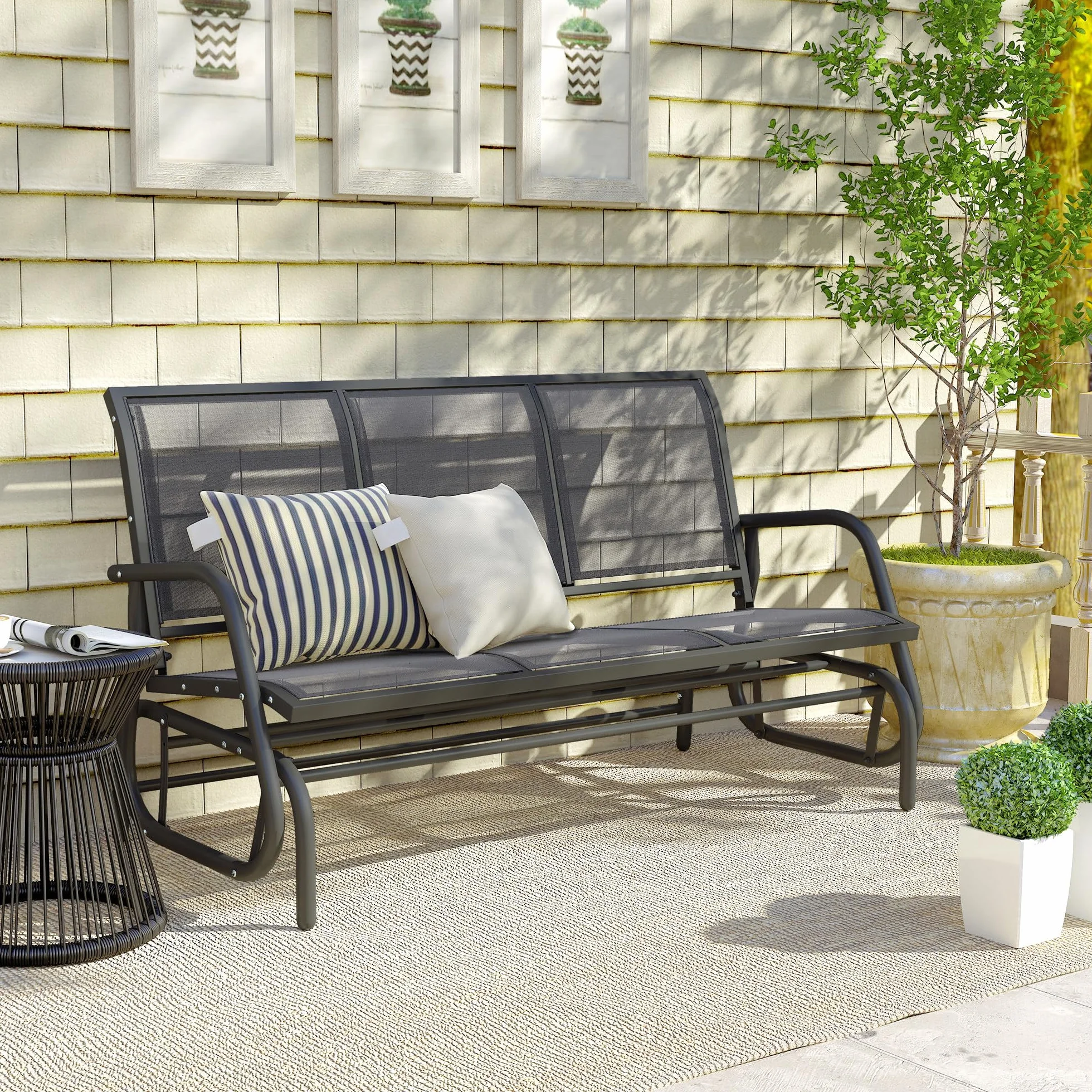 Outsunny Panchina a Dondolo da Giardino a 3 Posti in Metallo e Tessuto a Rete Traspirante, 147x70x85cm, Grigio