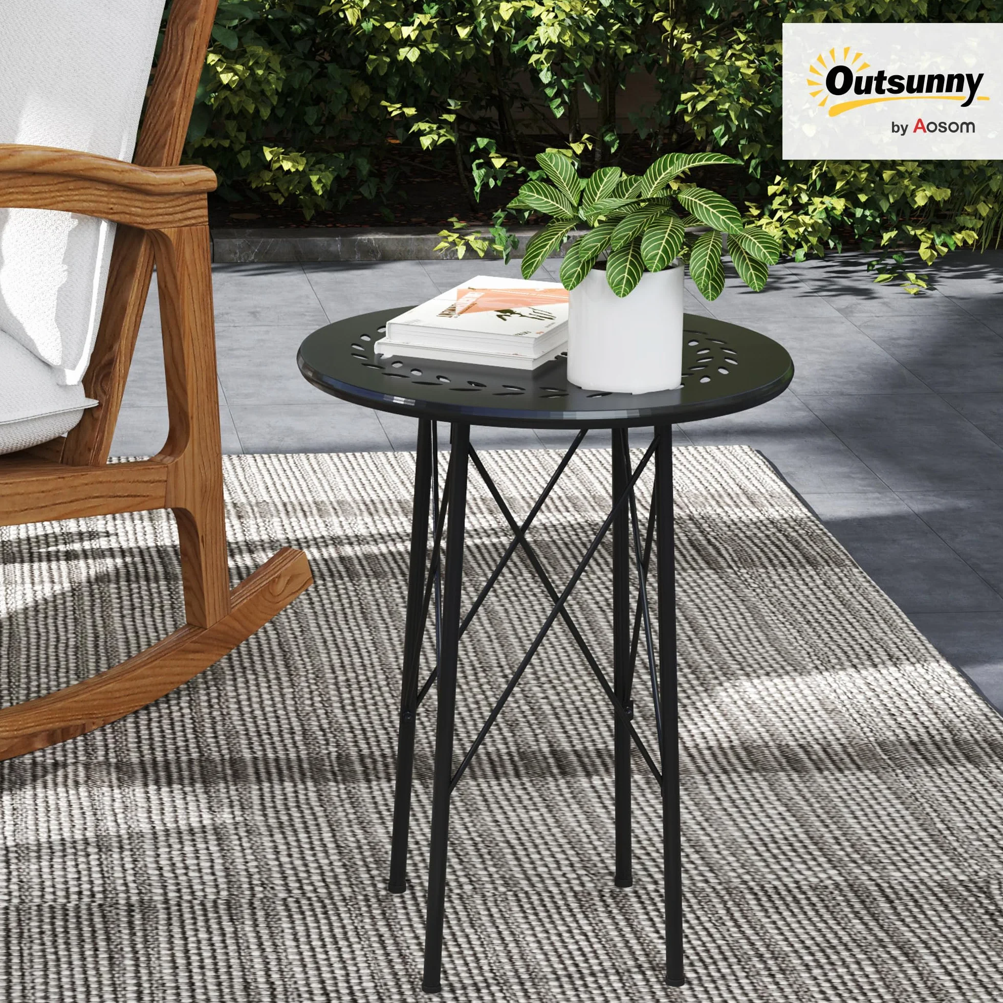 Outsunny Tavolino da Giardino Ø40 cm con Intagli a Fiori e Foglie, Tavolo Rotondo da Esterno e Interno con Piedini Regolabili, Tavolino da Caffè e Portapiante, in Acciaio, Nero