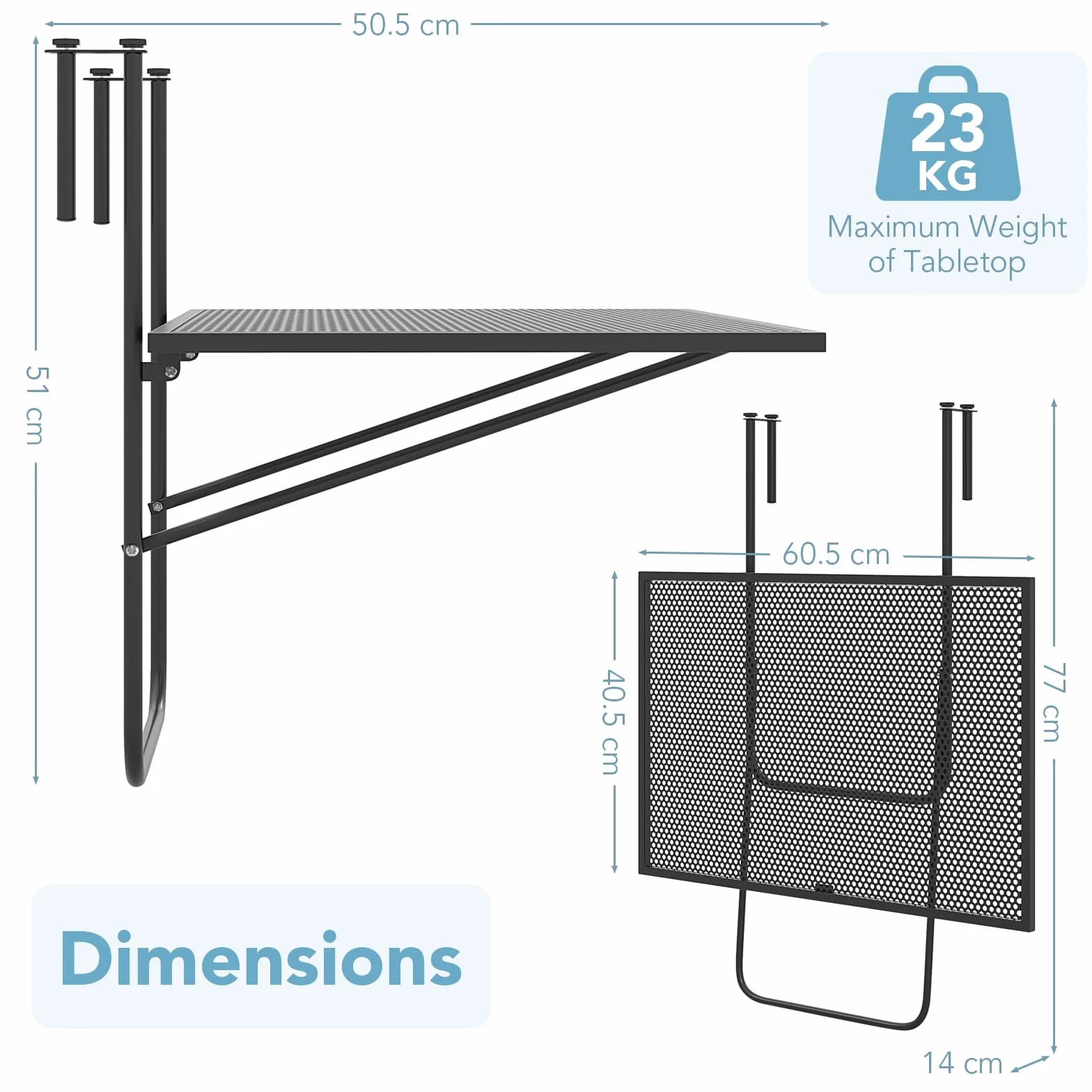 GIANTEX Tavolo da Balcone Appeso, Tavolo Pieghevole per Ringhiere fino a 6 cm di Spessore, Tavolino Salvaspazio per Ringhiere Esterne con Telaio in Metallo per Patio, Portico, Terrazza, Nero