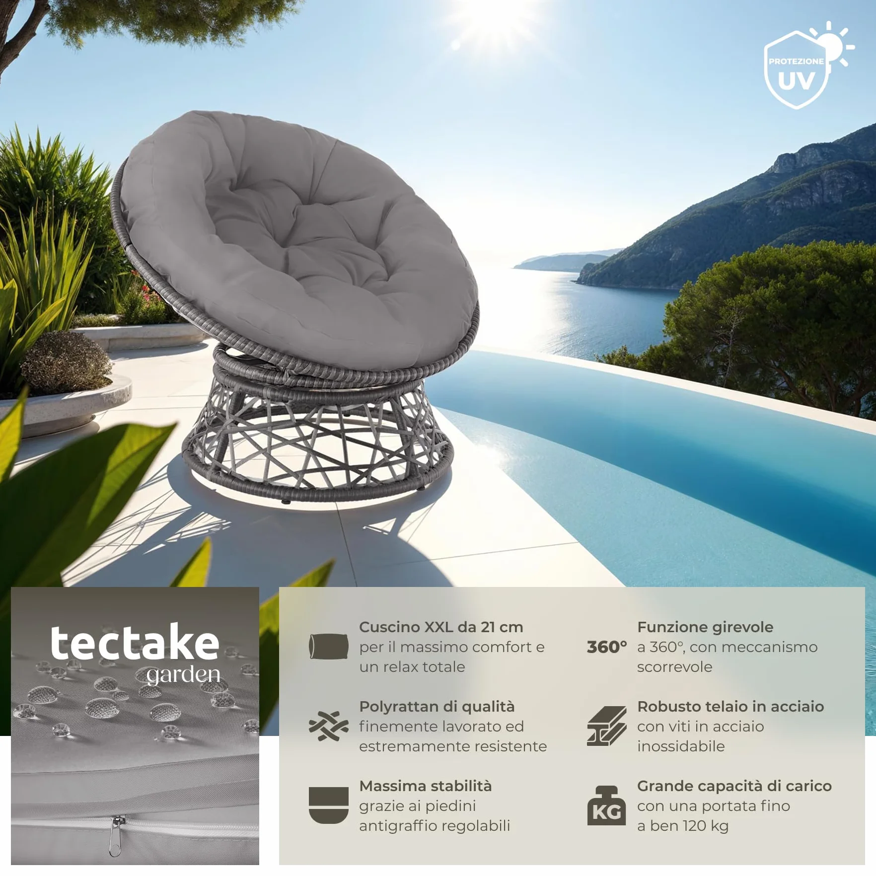 tectake®, Poltrona Rotonda in Rattan Girevole, Cuscino Confortevole, Sedia da Esterno, Giardino, Terrazzo, Stabile e Durevole, Grande Comfort, Adatta per Balcone e Giardino - Grigio