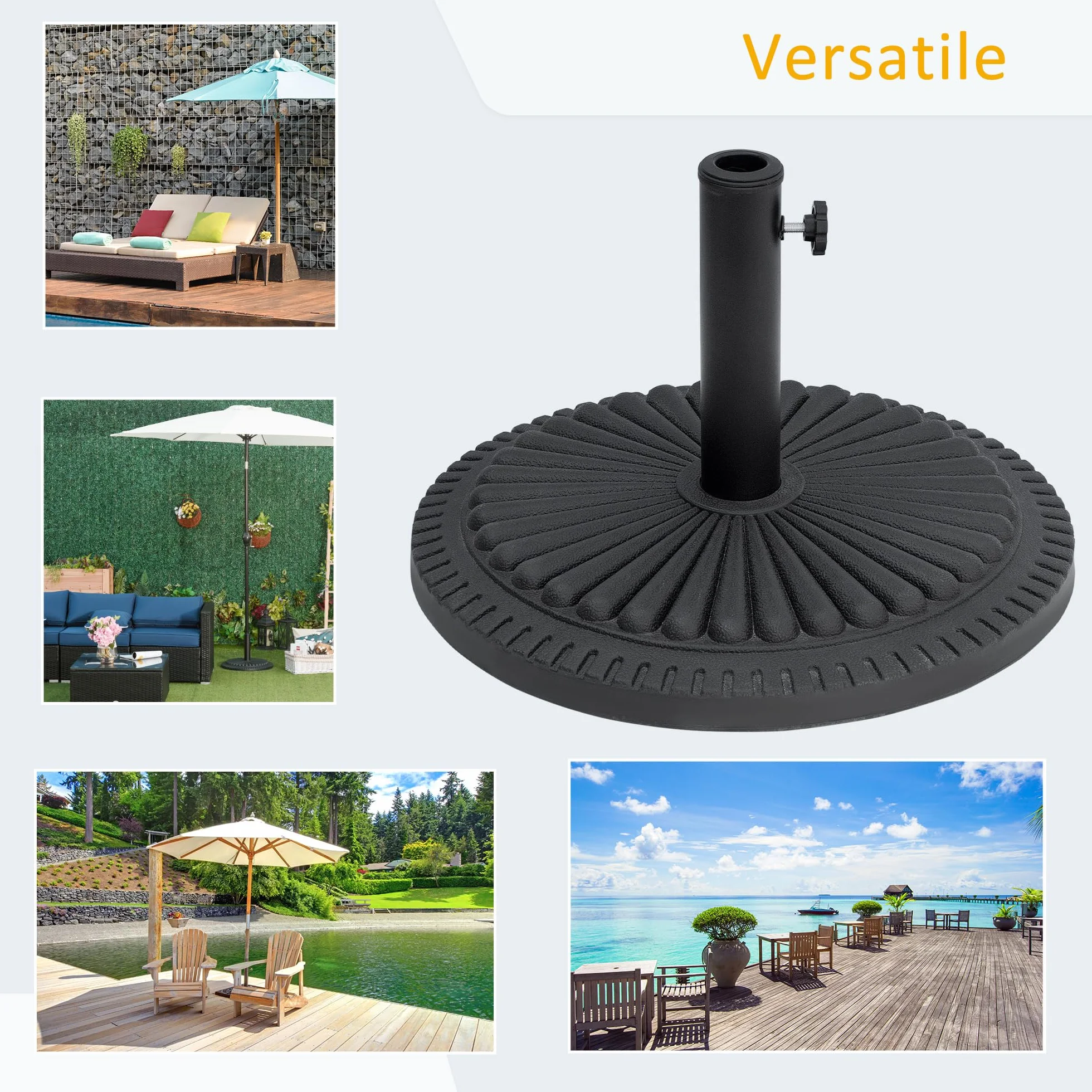 Outsunny Base per Ombrellone Rotonda in HDPE e Cemento con Decorazione, Basamento per Ombrellone da 14kg con Supporto per Pali da Ø35/38/48mm, per Giardino Balcone, Nero