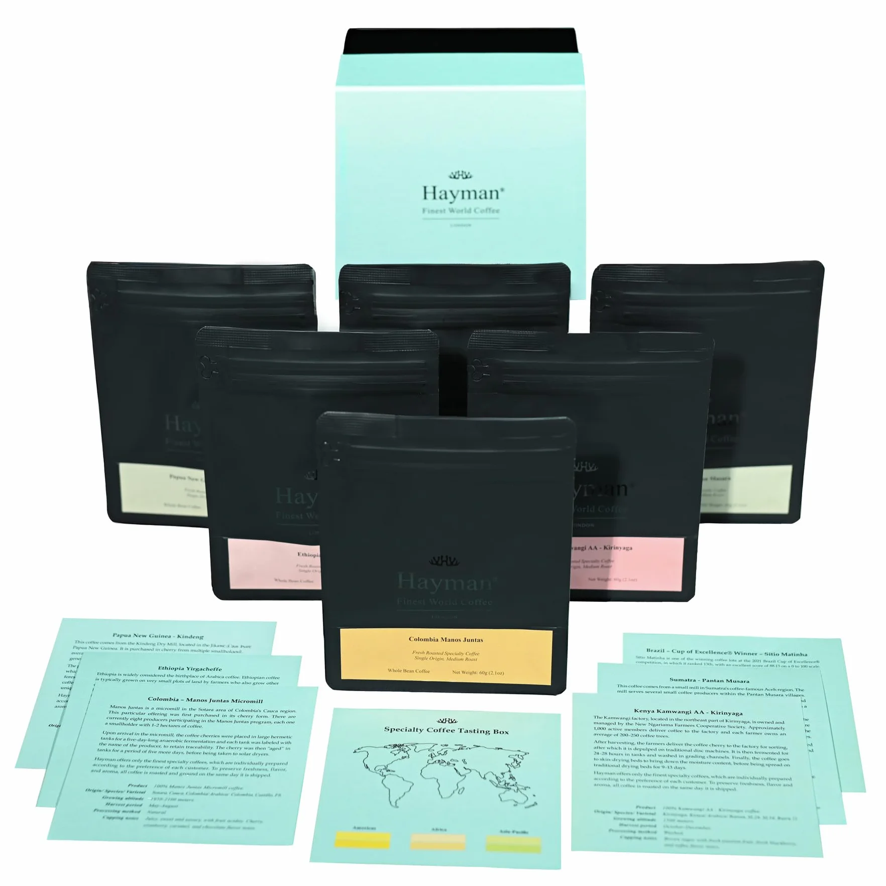 Hayman, Scatola di Degustazione di Caffè Speciali, Set Regalo di Caffè Gourmet da 6 Pezzi, Campione Varietà Premium Assortimento, Chicchi Interi, Tostatura Media, 6 Confezioni da 60g (Totale 360g)