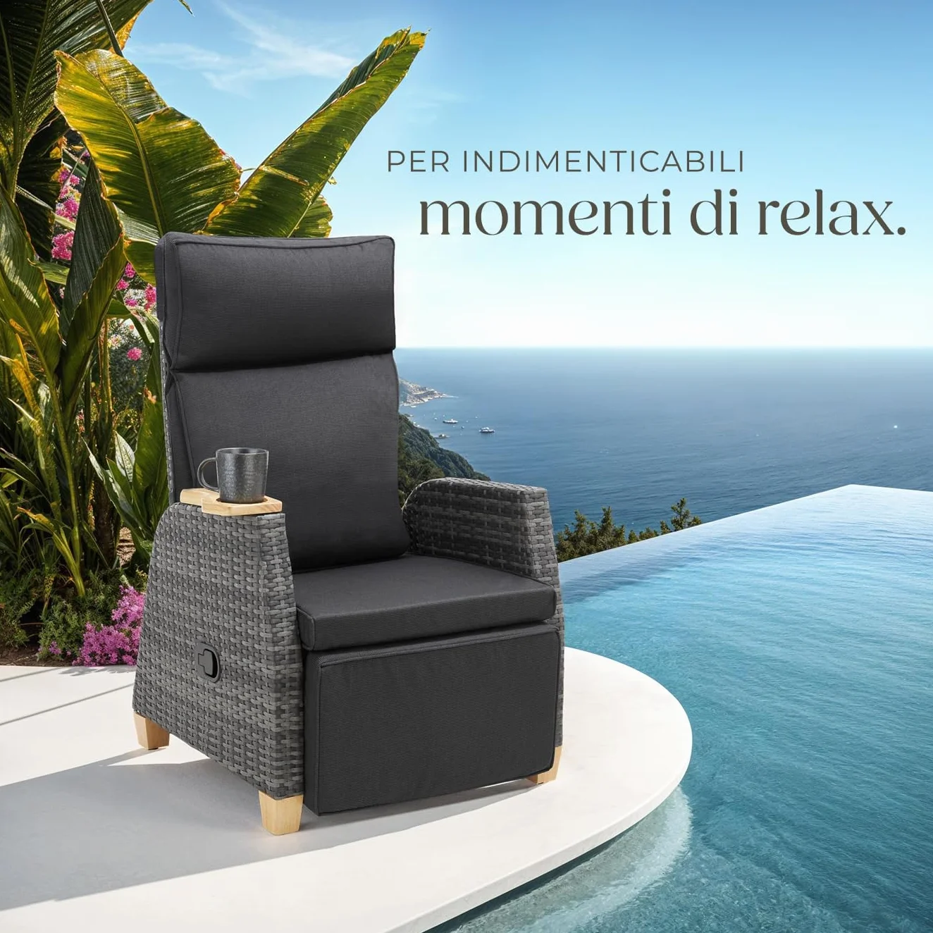 tectake® Poltrona Giardino in Rattan, Poltrona da Esterno con Telaio in Alluminio, Poltroncina Salotto Regolabile, Resistente ai Raggi UV, Comodo Piano d'Appoggio, Design Elegante - Grigio