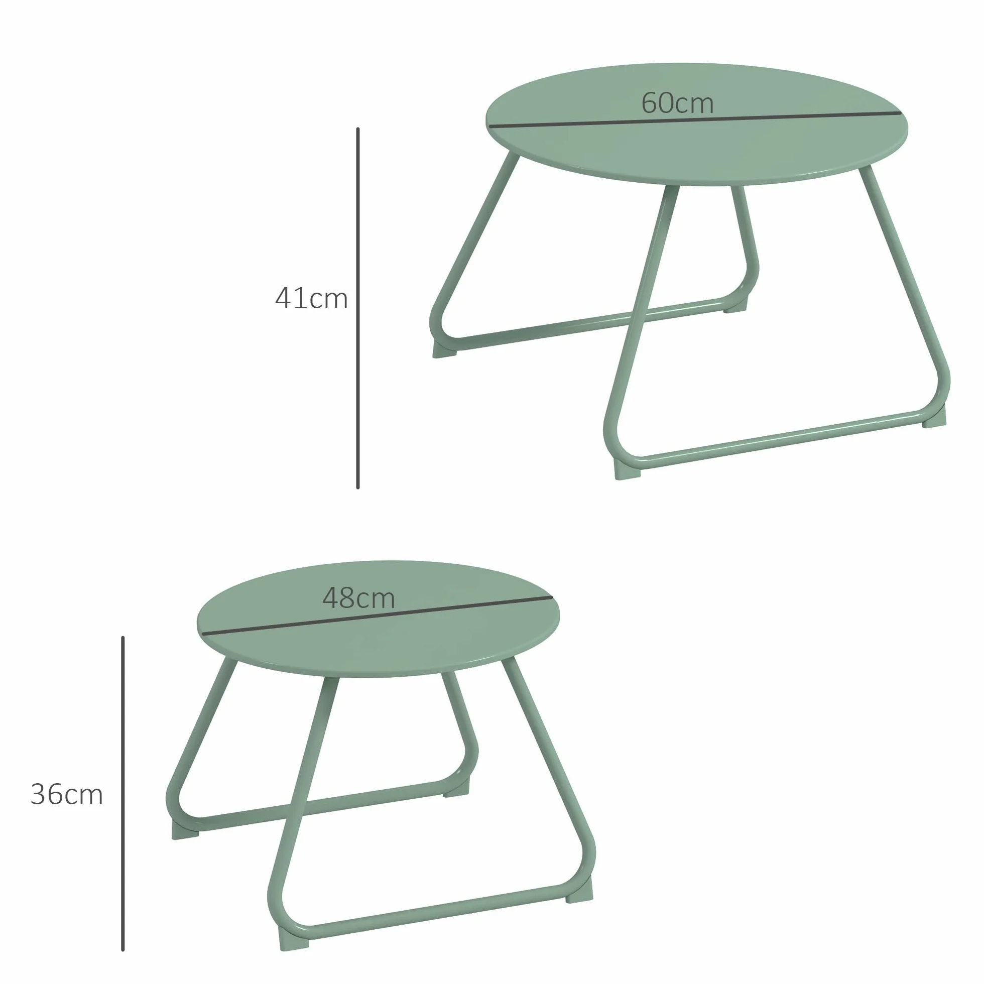 Outsunny Set di 2 tavolini rotondi impilabili, in metallo epossidico, Stabile tavolino da esterno Ø60 e Ø48 cm, verde
