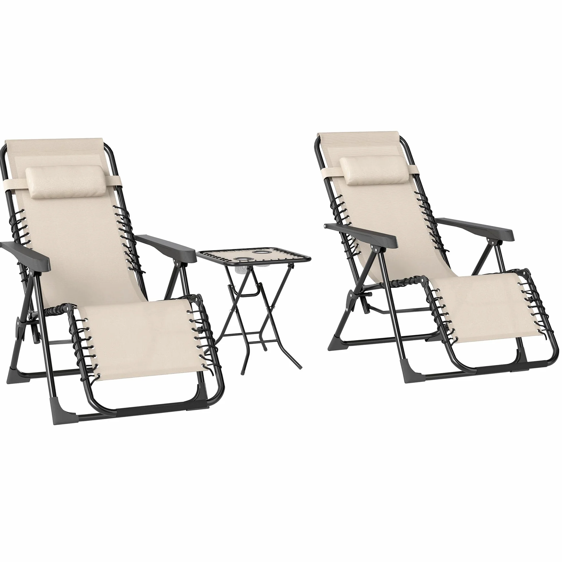 Outsunny Set di 2 Sedie Sdraio da Giardino Zero Gravity e Tavolino con Portabicchieri, Set Sedie Pieghevoli con Poggiatesta e Tessuto Traspirante, Schienale Regolabile a 5 livelli, Beige