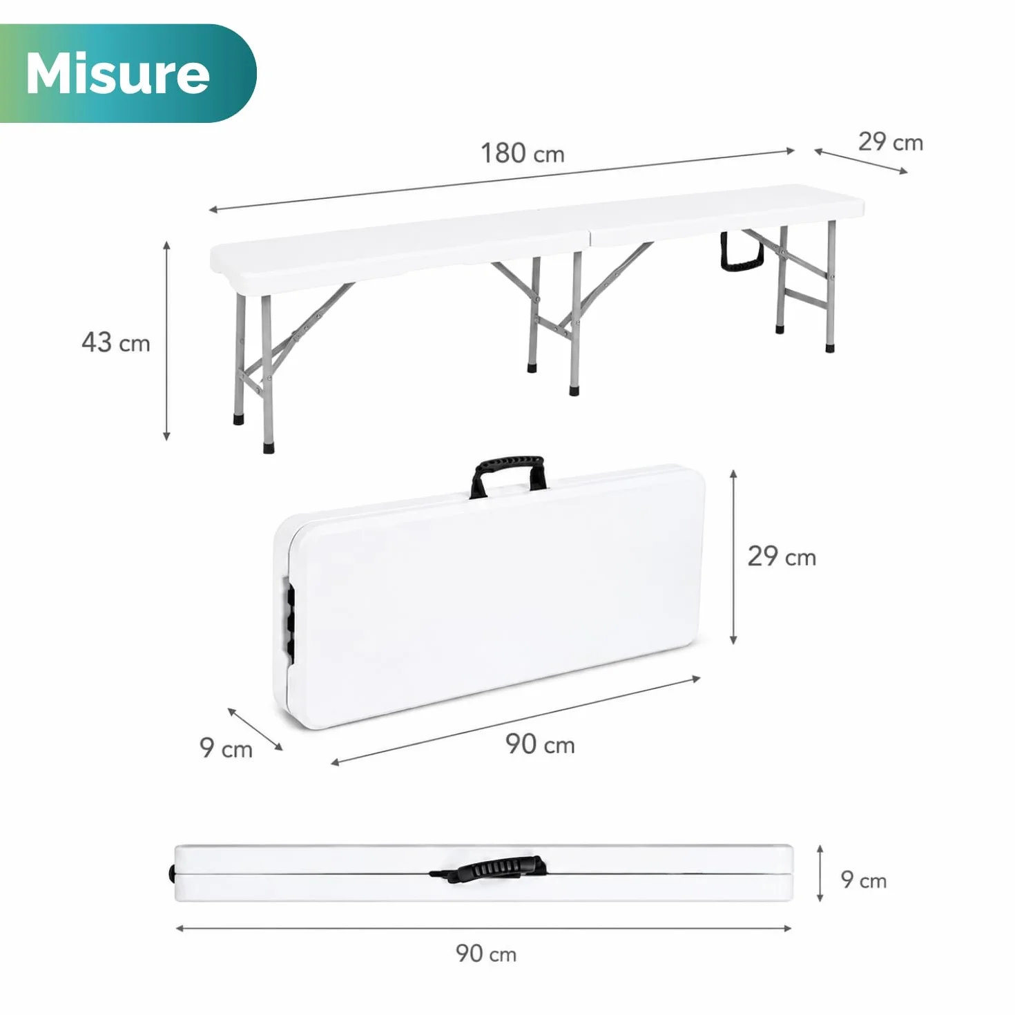 PALUPLUS 2 Panche Pieghevoli da esterno di colore Bianco, Misura 180x29x43 cm, Panchina a Valigetta in Resina e Metallo con maniglia, per giardino, fiera, pic nic, campeggio, Portata 300Kg -8745F -18