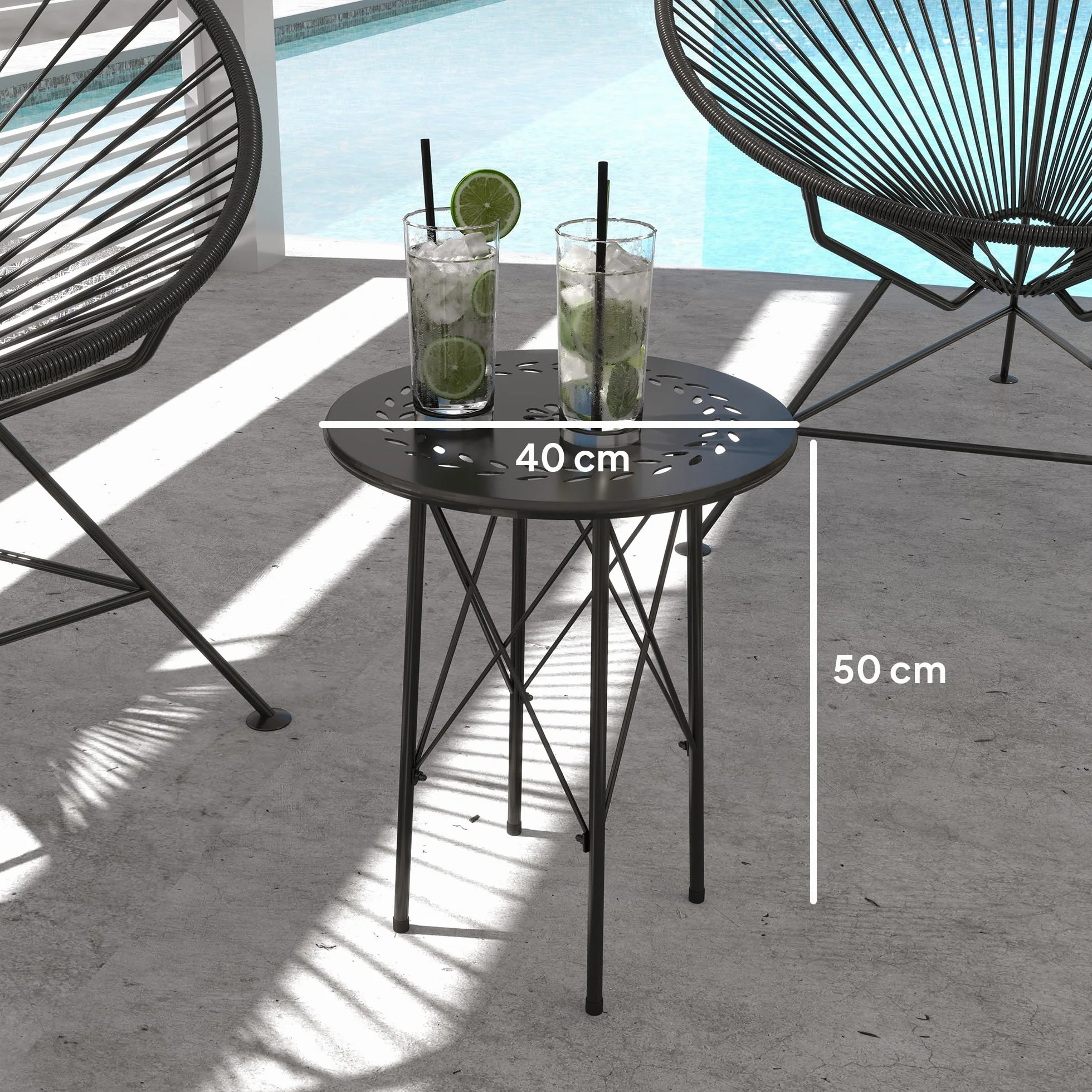 Outsunny Tavolino da Giardino Ø40 cm con Intagli a Fiori e Foglie, Tavolo Rotondo da Esterno e Interno con Piedini Regolabili, Tavolino da Caffè e Portapiante, in Acciaio, Nero