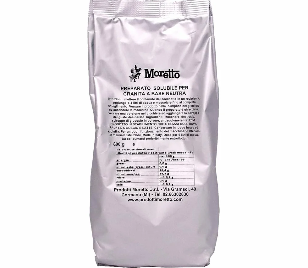 MORETTO preparato in polvere per GRANITA NEUTRA, senza glutine, 6 buste da 800 g, per 150 bicchieri