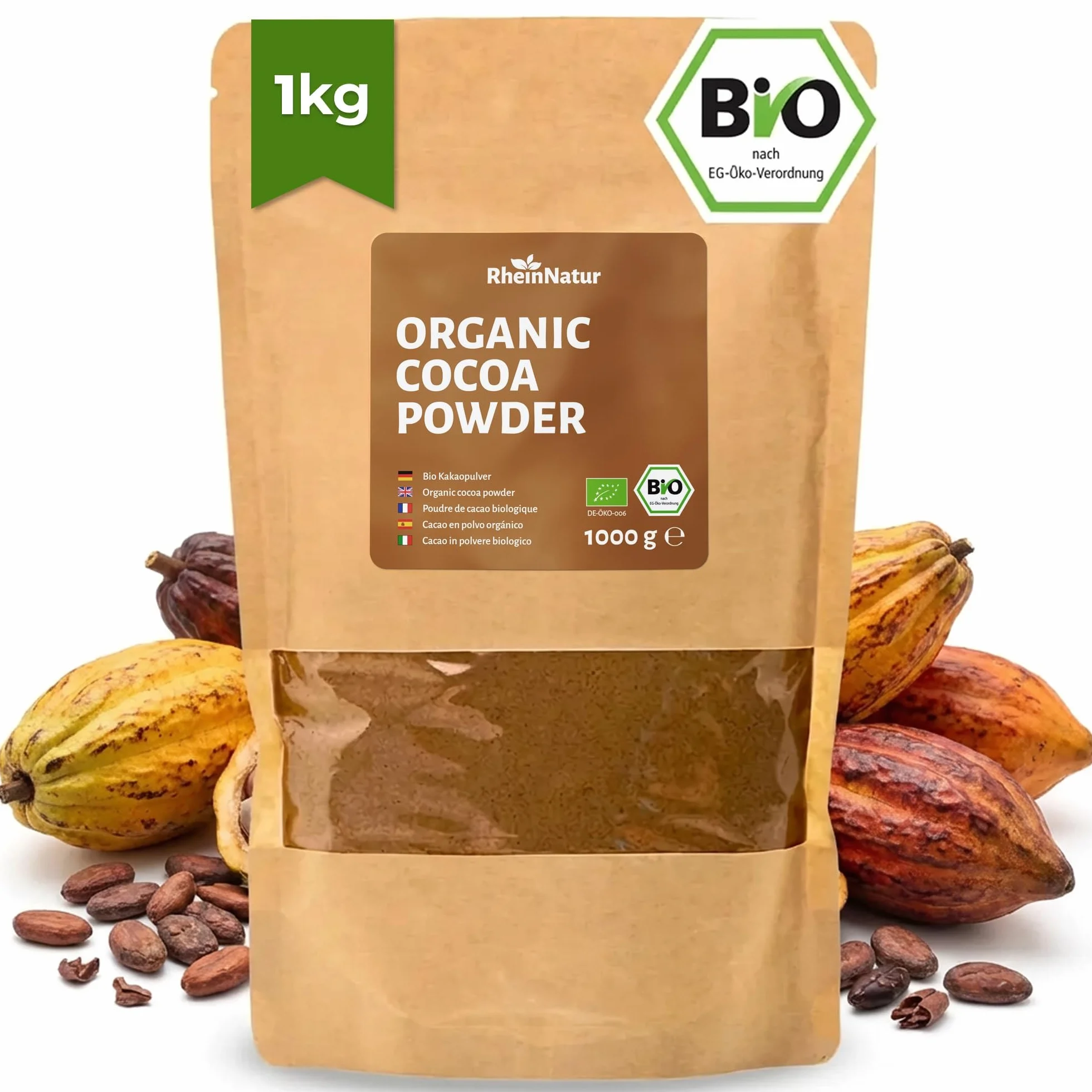 RheinNatur Polvere di cacao biologica, 1 kg, 100% cacao biologico, non zuccherato e senza additivi, ideale per la cottura, per cioccolate calde e frullati, sacchetto da 1000 g