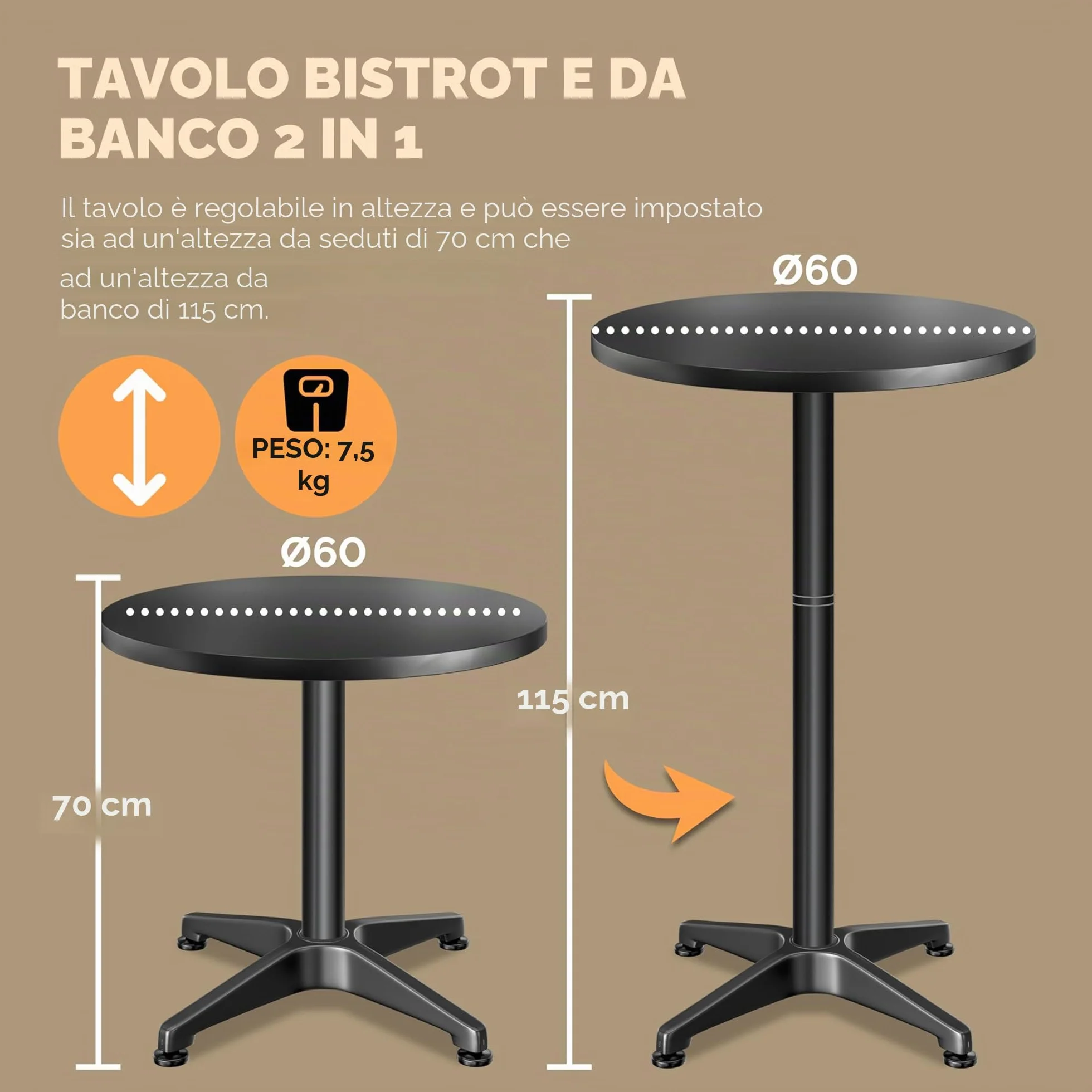 Casaria® Tavolo da Bar 2in1 Altezza Regolabile 70 cm / 115 cm Alluminio Ø 60 Rotondo Tavolino Bistrot Balcone Nero
