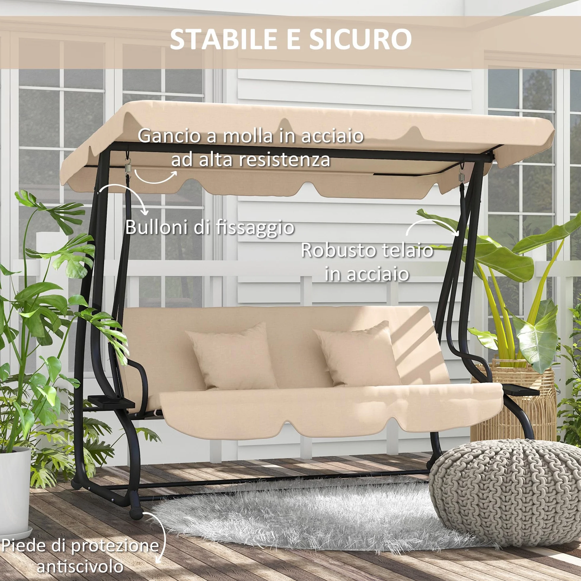 Outsunny Dondolo da Giardino 3 Posti Convertibile in Letto con Tetto Regolabile e Portabicchieri, Dondolo da Esterno in Acciaio e Poliestere, 200x120x164 cm, Marrone Chiaro