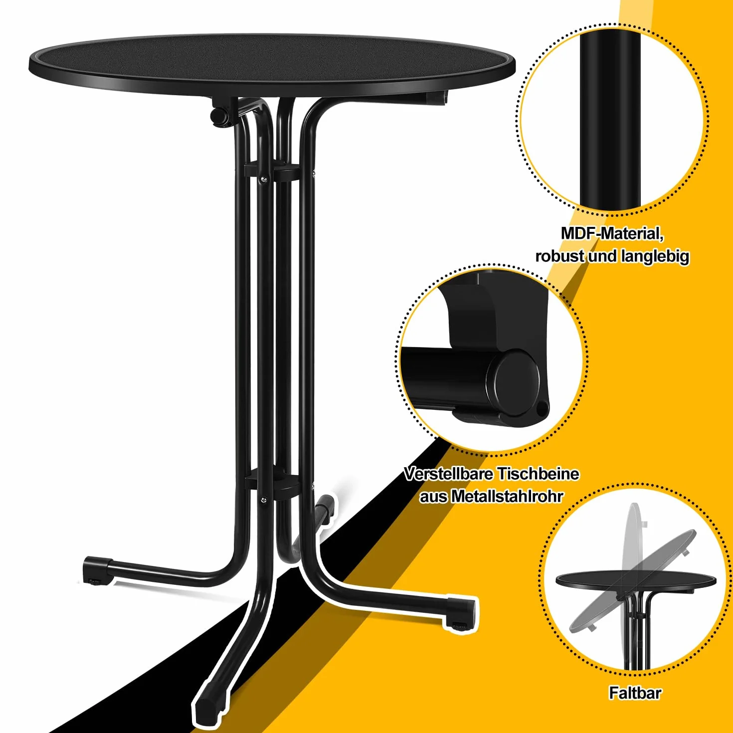 Sonnewelt Tavolo pieghevole Ø 80 cm con rivestimento – Tavolo rotondo per feste per interni ed esterni, altezza 110 cm, resistente alle intemperie, piedini regolabili in altezza, nero