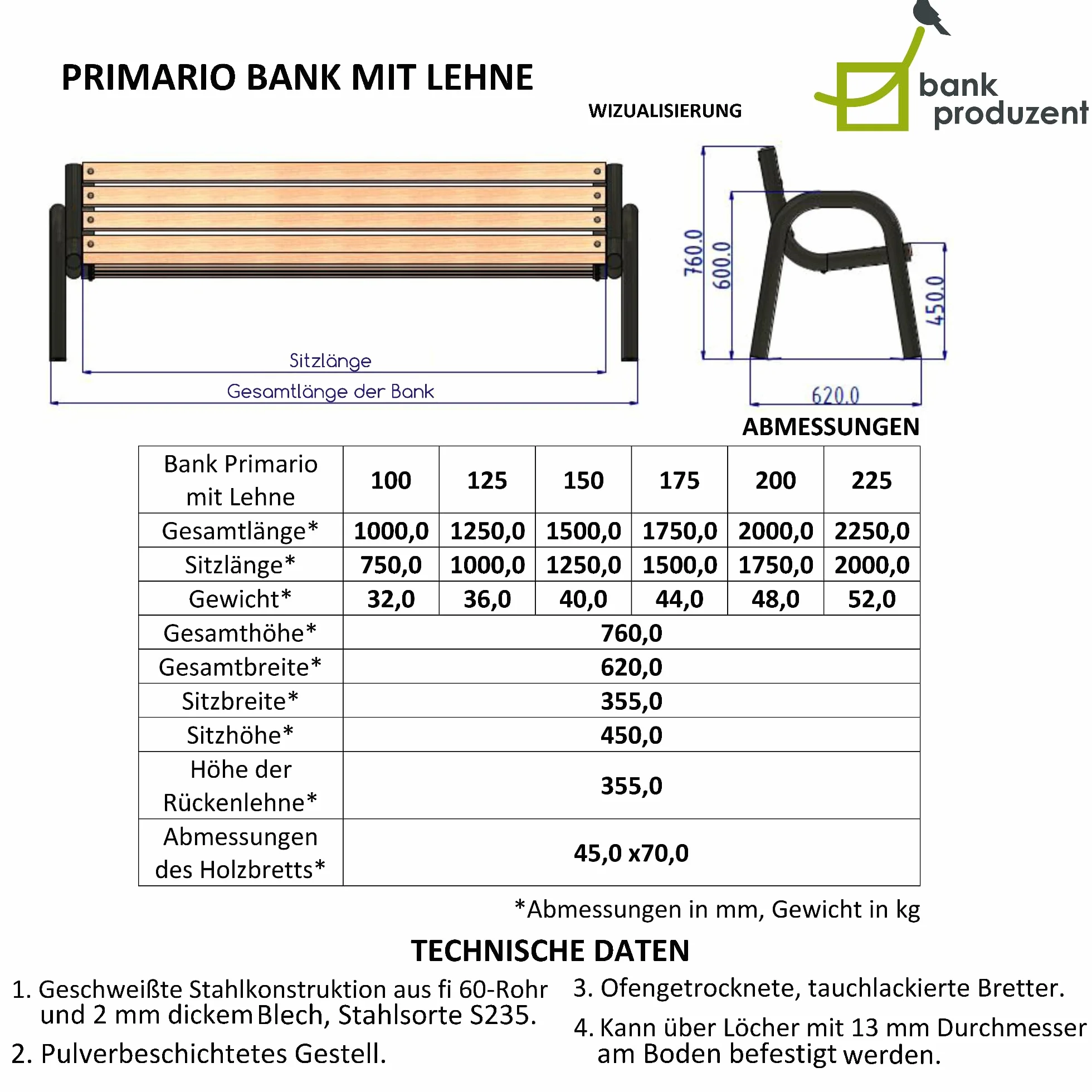 Panchina da Esterno - Panchina da Giardino e da Parco - Panca da Esterno Resistente alle Intemperie - Panchine da Esterno (Primario Noce, 200cm - Lunghezza Totale della Panca)