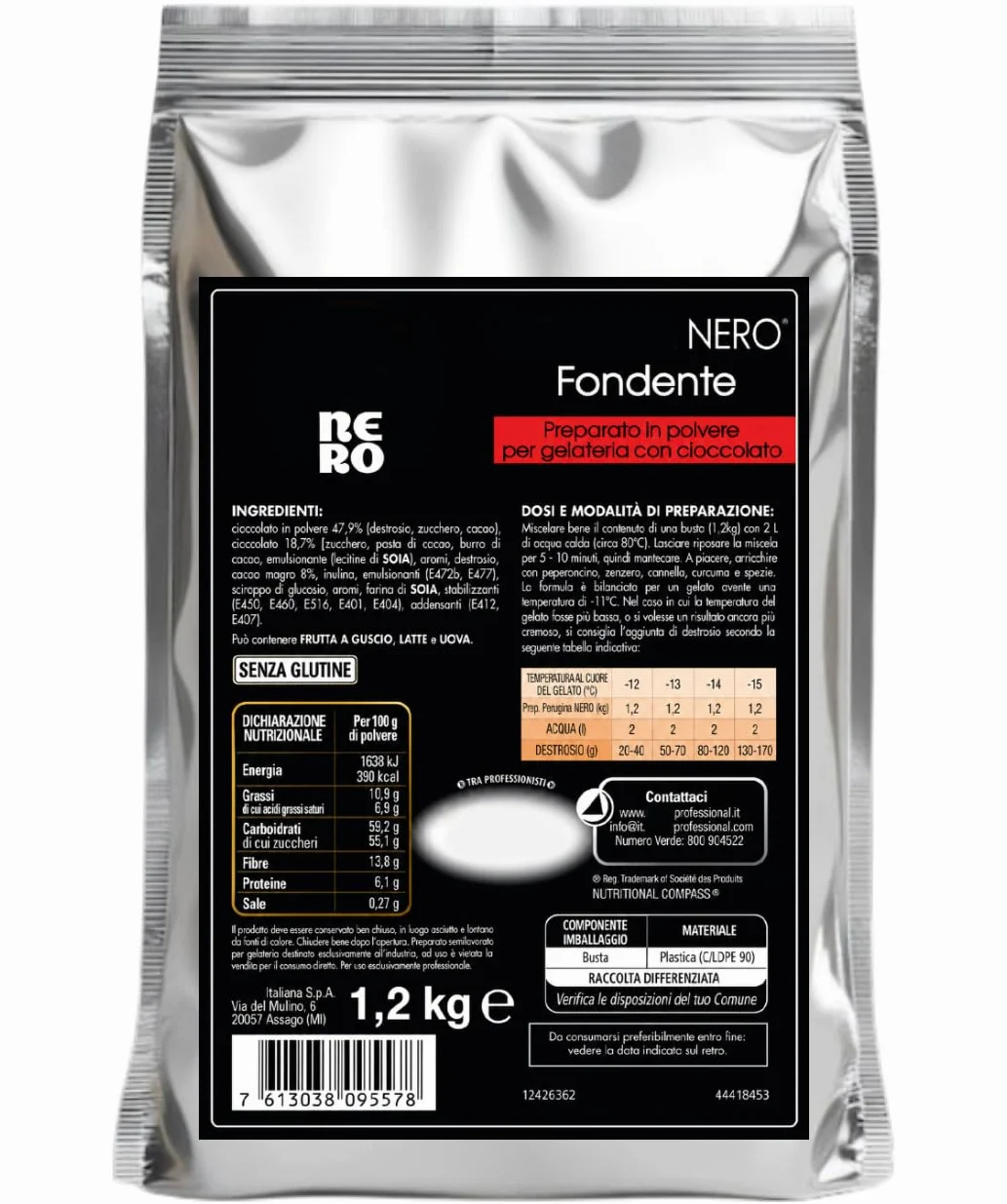 Nero Fondente Preparato in Polvere per Gelateria con Cioccolato Fondente, Busta 1,2 kg, Base Pronta per Gelato Artigianale al Cioccolato