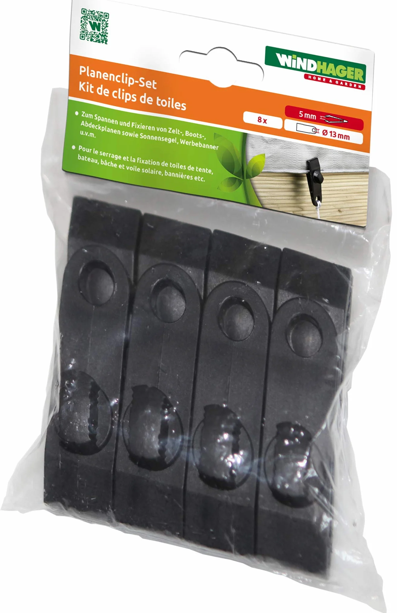 Windhager Clip per teloni, supporto, supporto, clip di fissaggio per teloni o tende, set 8 pezzi, nero, 8,3 x 2,6 x 2,8 cm, 07010