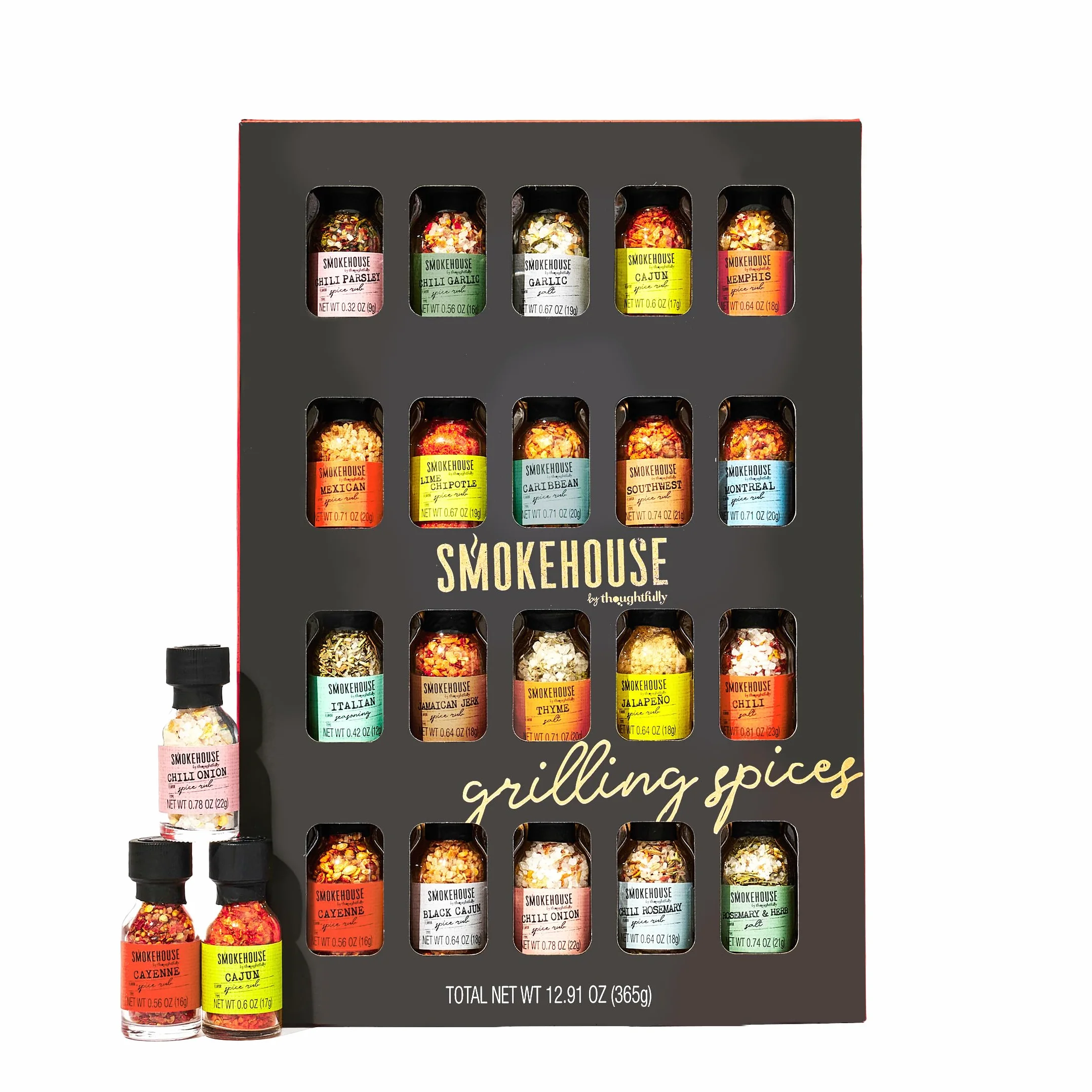 Smokehouse by Thoughtfully – Set 20 Spezie BBQ – Miscele di Spezie per Barbecue e Griglia – Regalo Originale per Uomo – Compleanno & Festa del Papà – Jalapeño, Chipotle, Cajún e Altro