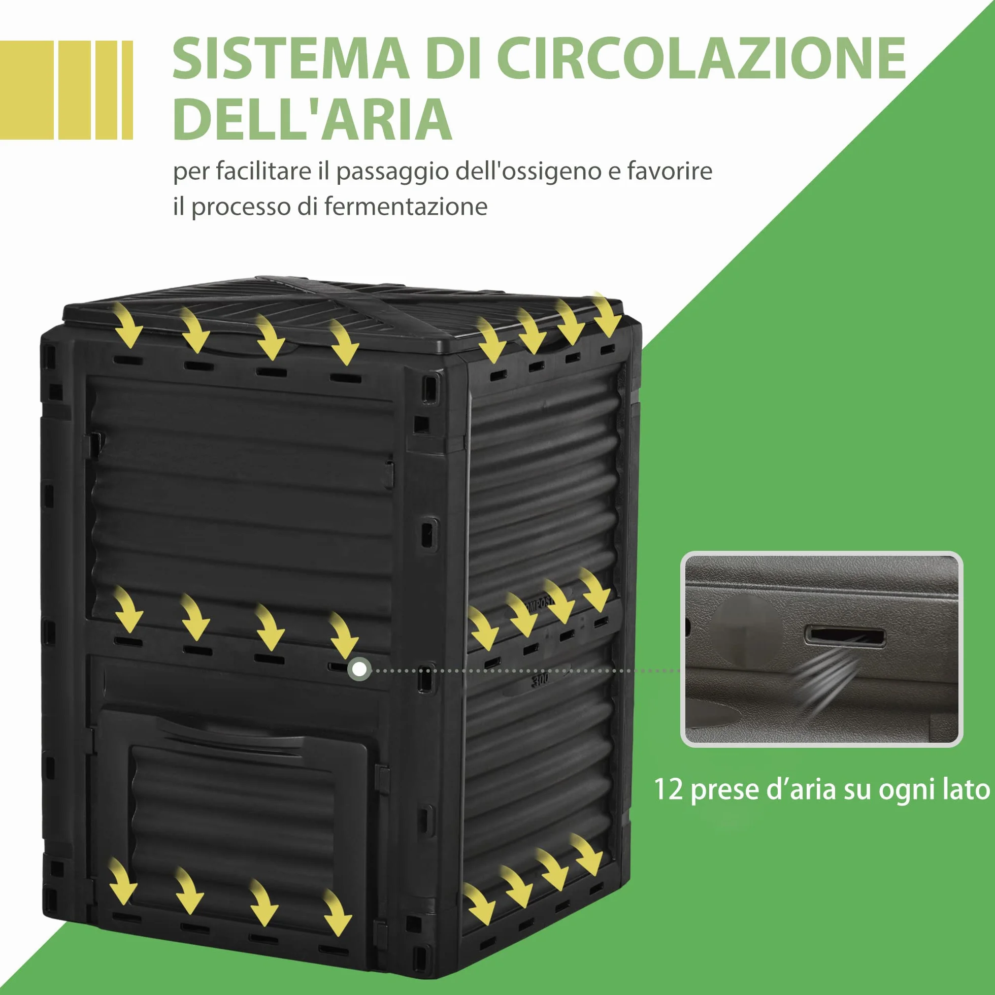 Outsunny Compostiera da Giardino 300L Plastica Nera con Coperchio a Incastro