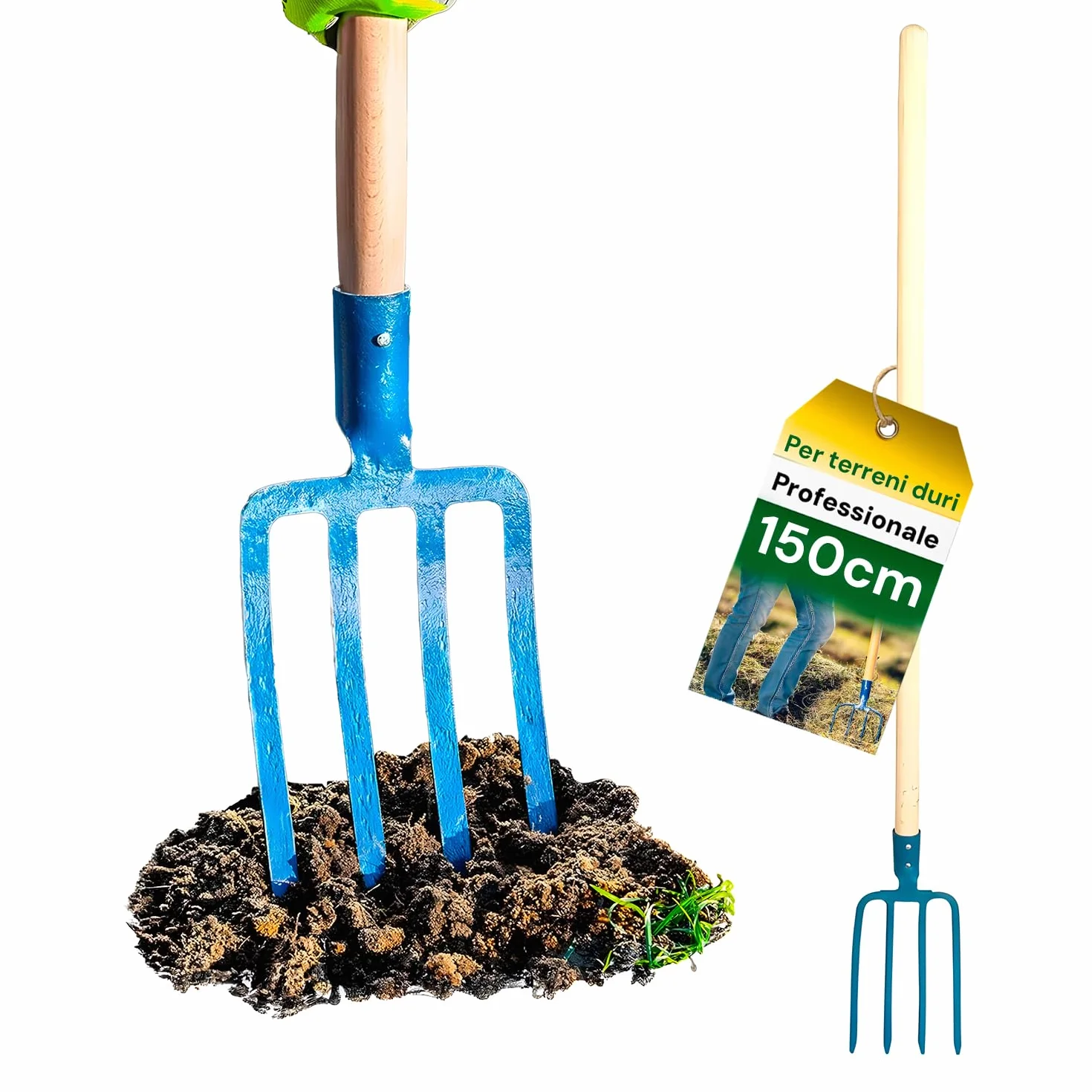 Avilia Forca per Vangare a 4 Denti in Acciaio con Manico in Mogano 150cm - Forca da Scavo e Giardino, Testa Forgiata 16cm, Ideale per Terreni Duri e Trapianti, 150x10x16cm