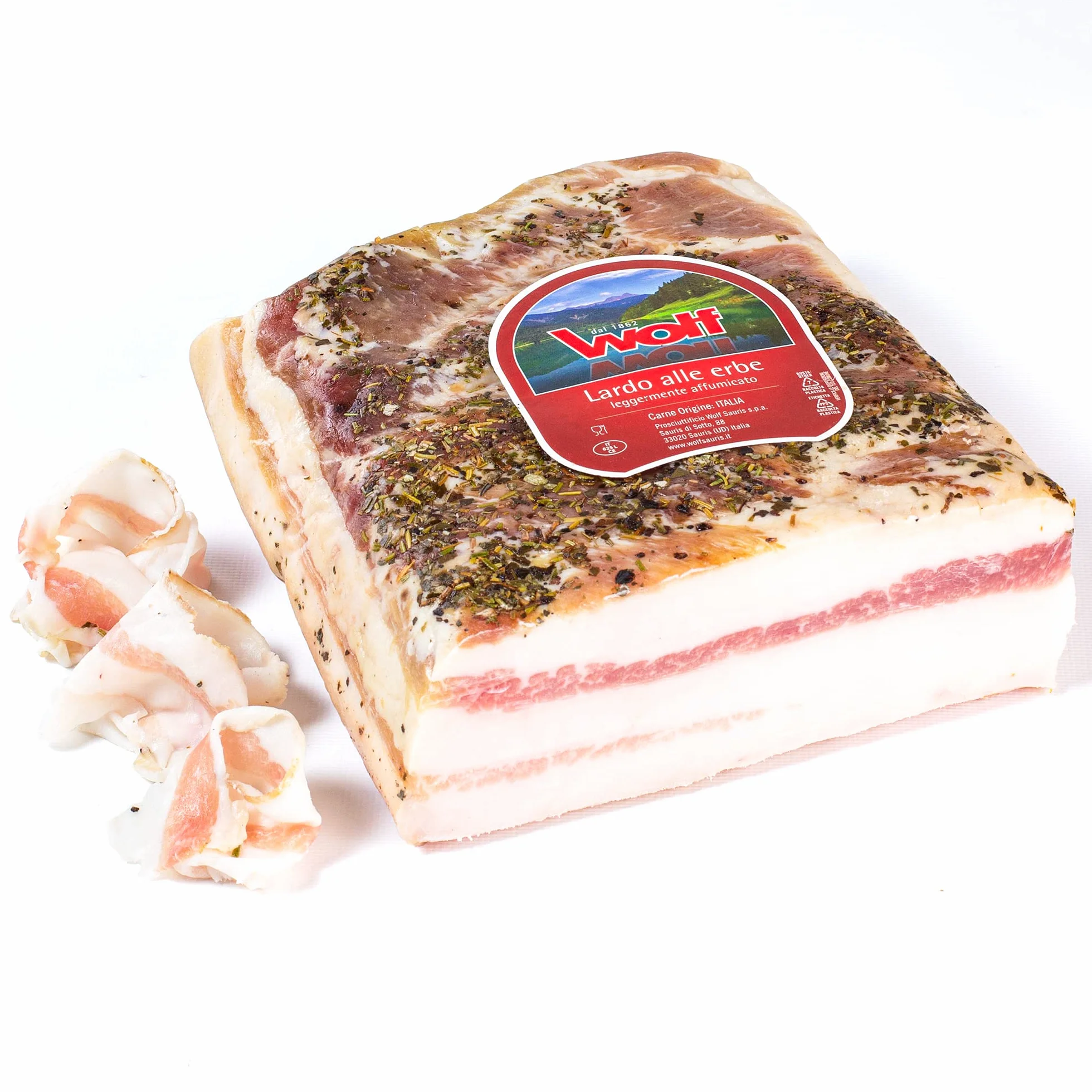 Wolf, Lardo alle Erbe, Baffa, Prodotto Leggermente Affumicato con Tradizionale Tenica di Affumicatura con Legno di Faggio, Carne 100% Italiana, Senza Glutine, 2,2 kg (min. netto garantito)