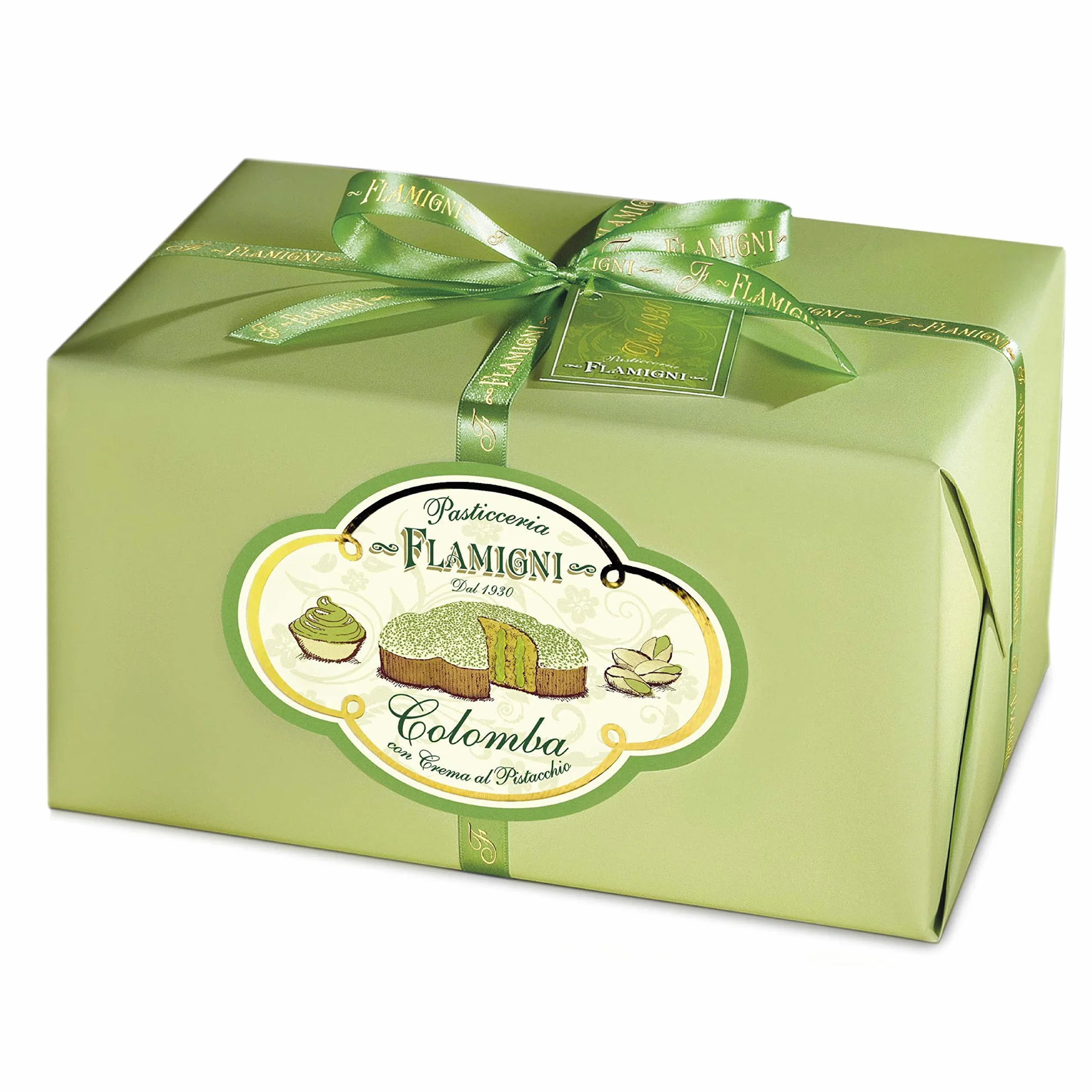 FLAMIGNI Colomba Pasquale Farcita con Crema Pasticcera al Pistacchio da 950 g, Artigianale, Soffice e Delicato, Ricoperta di Cioccolato Bianco e Granella di Pistacchio, Senza Canditi, Made in Italy