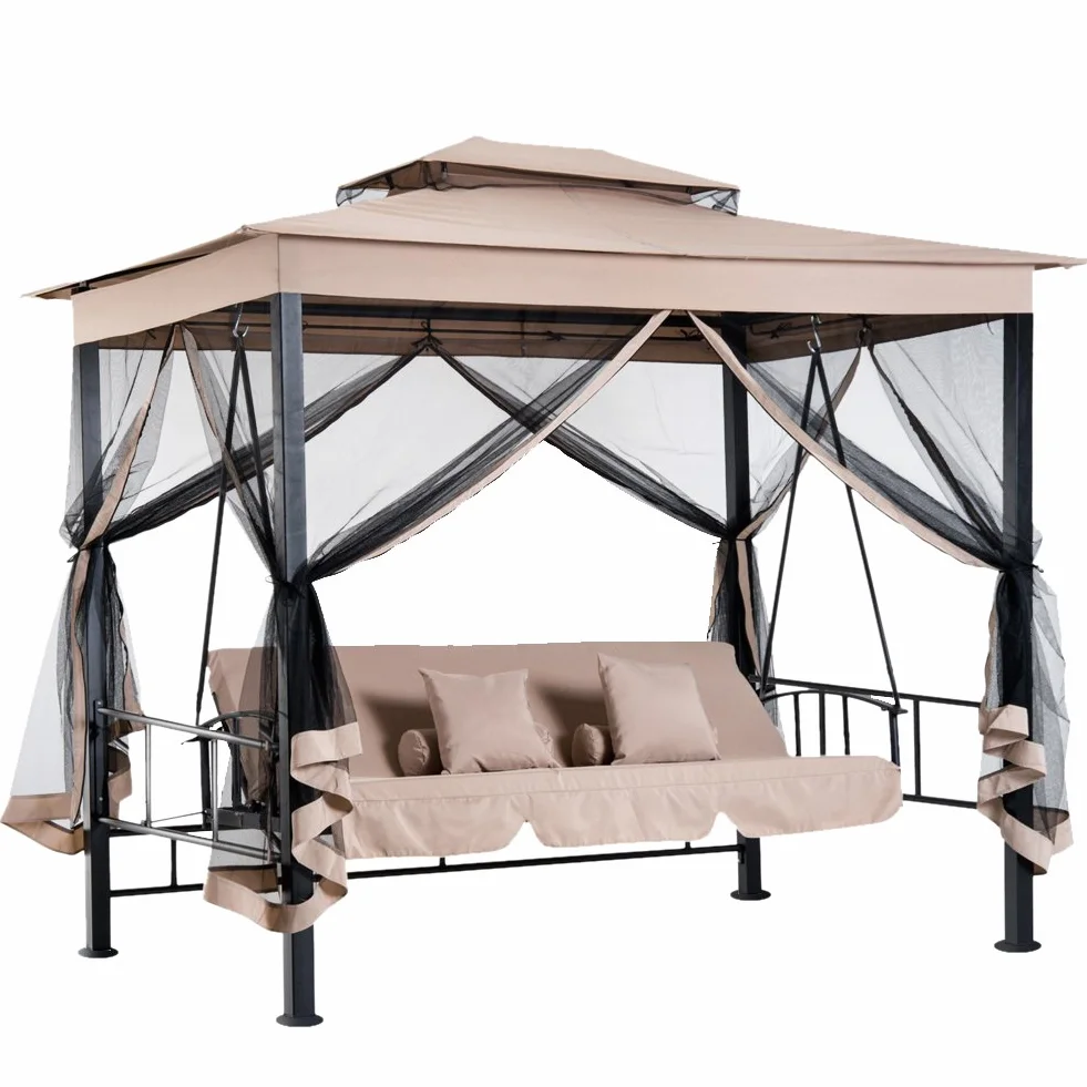 BAKAJI Gazebo Parasole da Giardino con Dondolo Letto e Zanzariere 3 posti, Modello Extra-Lusso Cleopatra, Amaca Altalena Trasformabile in Letto Matrimoniale, Colore Beige