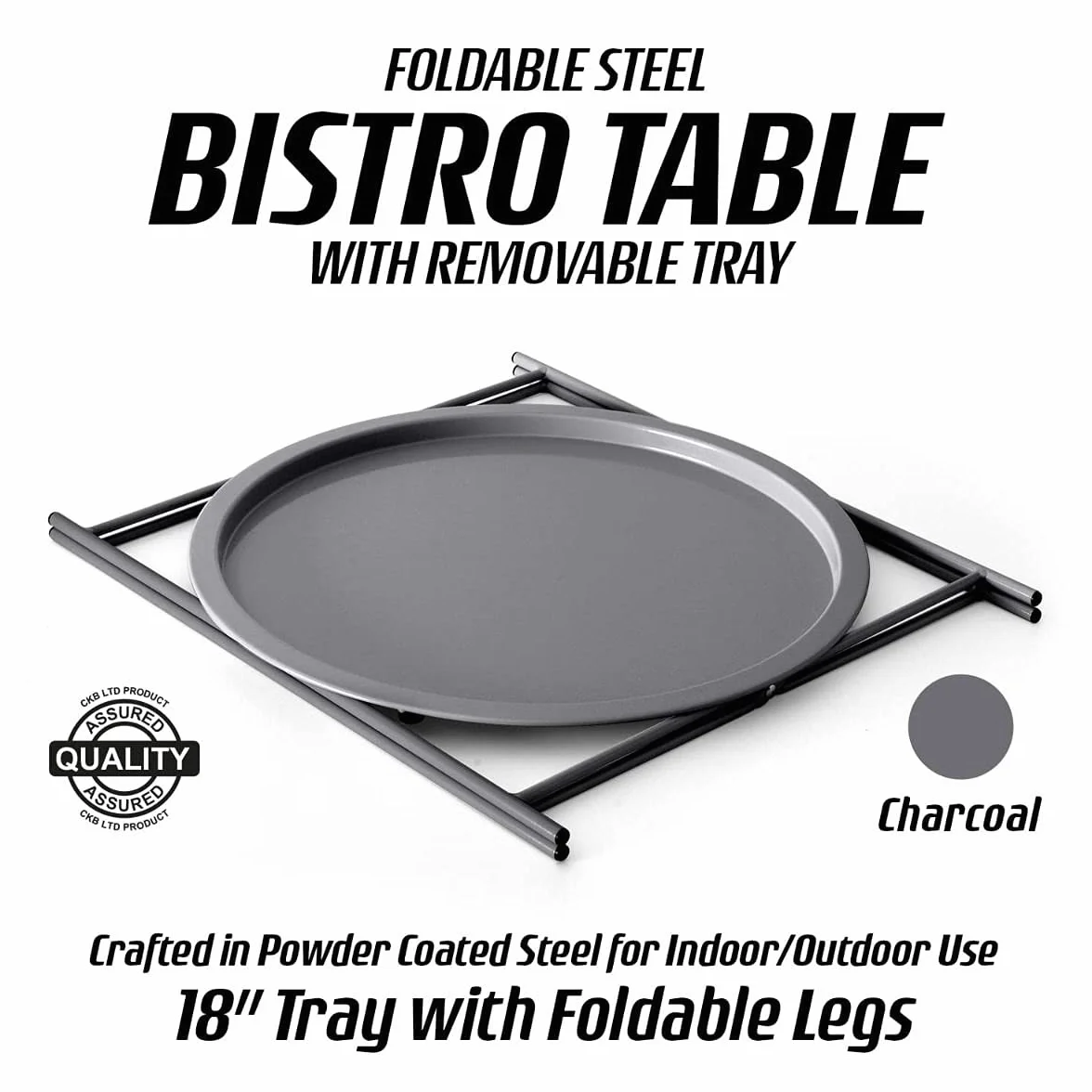 CKB LTD tavolino rotondo pieghevole da esterni e interni con vassoio rimovibile, in acciaio verniciato a polvere, singolo tavolo da giardino, per arredamento, colore grigio antracite