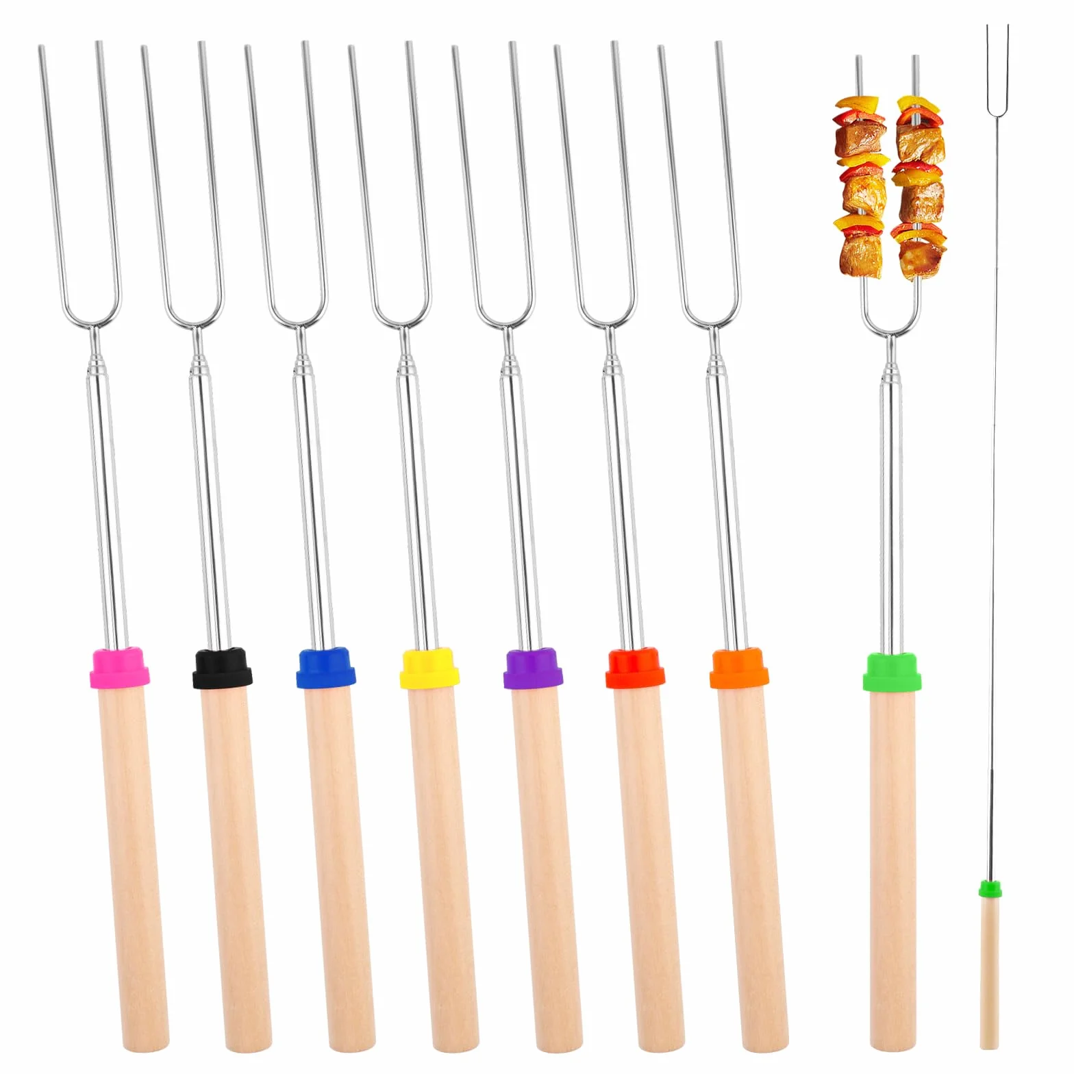 8pcs Spiedini per Barbecue, Spiedini in Acciaio Inossidabile per Griglie, Spiedini Barbecue Telescopici con Manico in Legno, Forchette per Barbecue per Marshmallow, Hot Dog, Estensibile 31-81 cm
