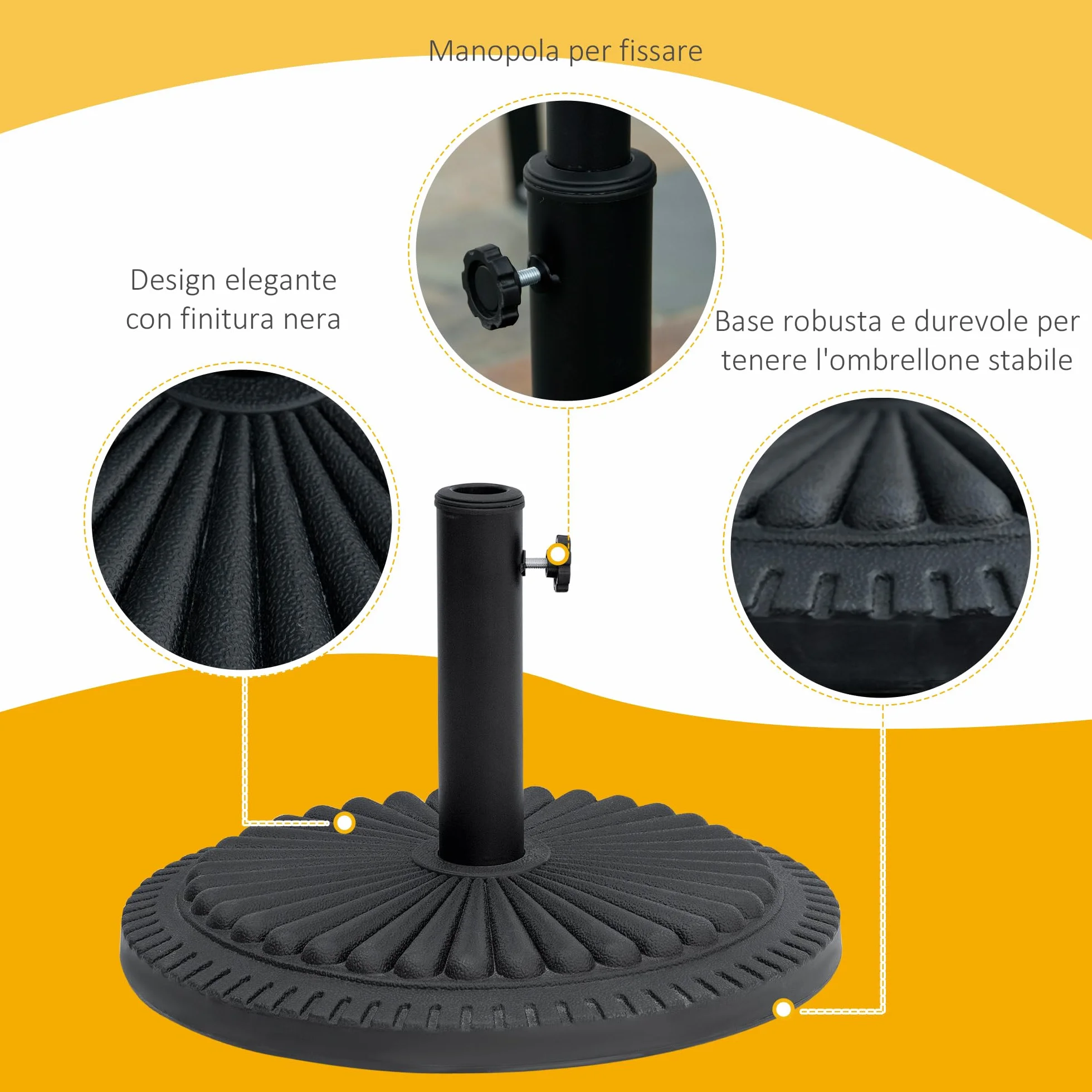 Outsunny Base per Ombrellone Rotonda in HDPE e Cemento con Decorazione, Basamento per Ombrellone da 14kg con Supporto per Pali da Ø35/38/48mm, per Giardino Balcone, Nero