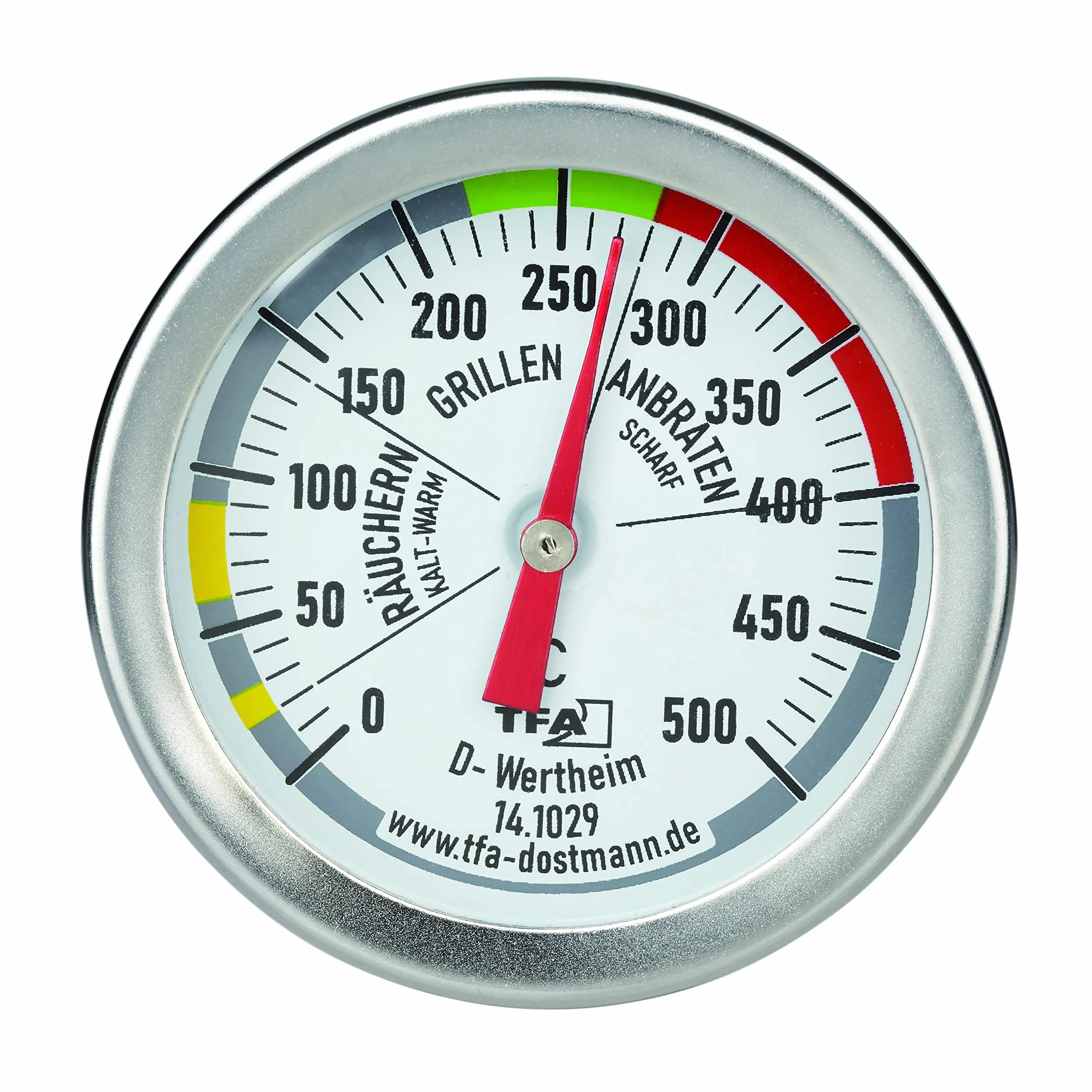 TFA Dostmann Termometro analogico per BBQ, 14.1029, per misurare la temperatura della camera di cottura, per grill/, in acciaio inox, per forno a legna, termometro per carne, termometro da cucina