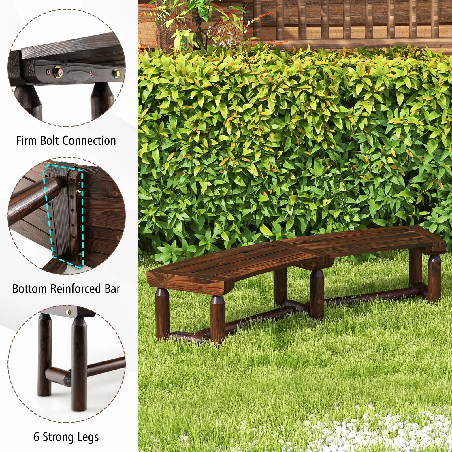 GIANTEX Panca da giardino resistente alle intemperie, in legno massiccio carbonizzato, portata fino a 325 kg, curva, 139 x 36 x 41 cm, QS44623DE