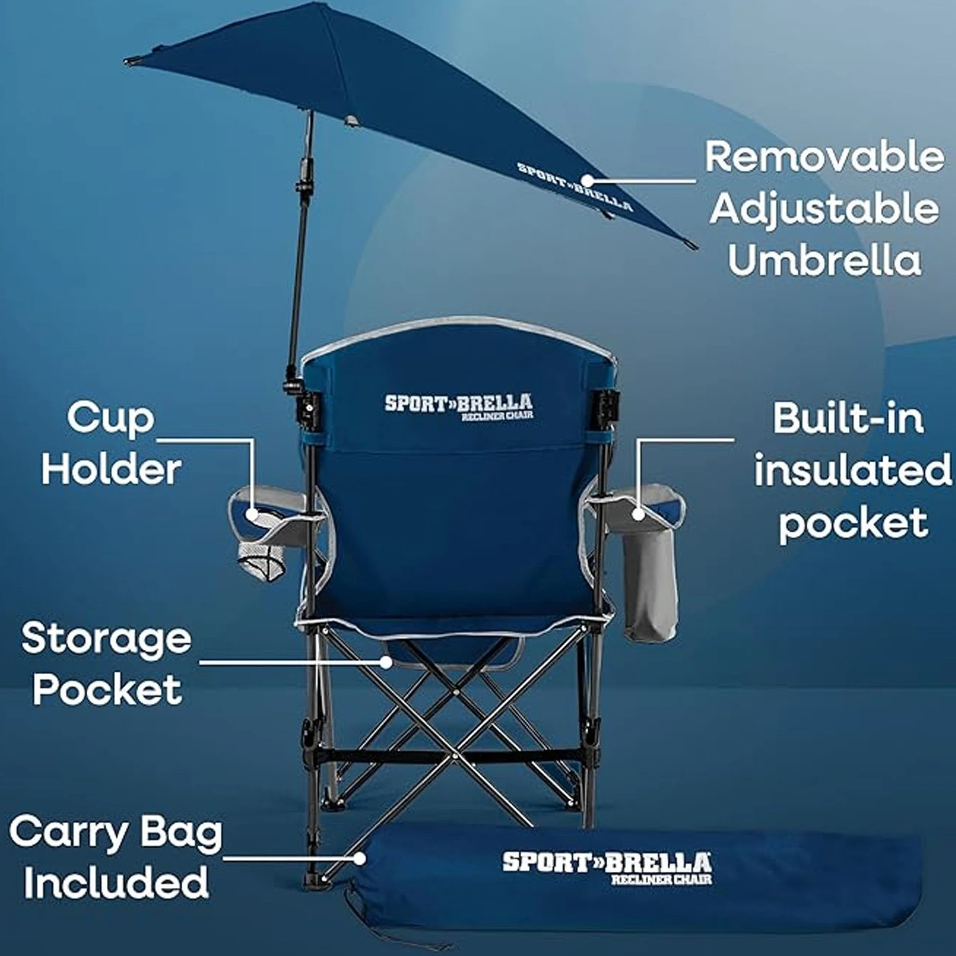 Sport-Brella Sedia Recliner, 3 Posizioni Regolabili, Ombrello Girevole Inclusa, Cooler, Apribottiglie e Portabicchieri, Ideale per Spiaggia, Eventi Sportivi e Campeggio, 60cm x 100cm, Blu